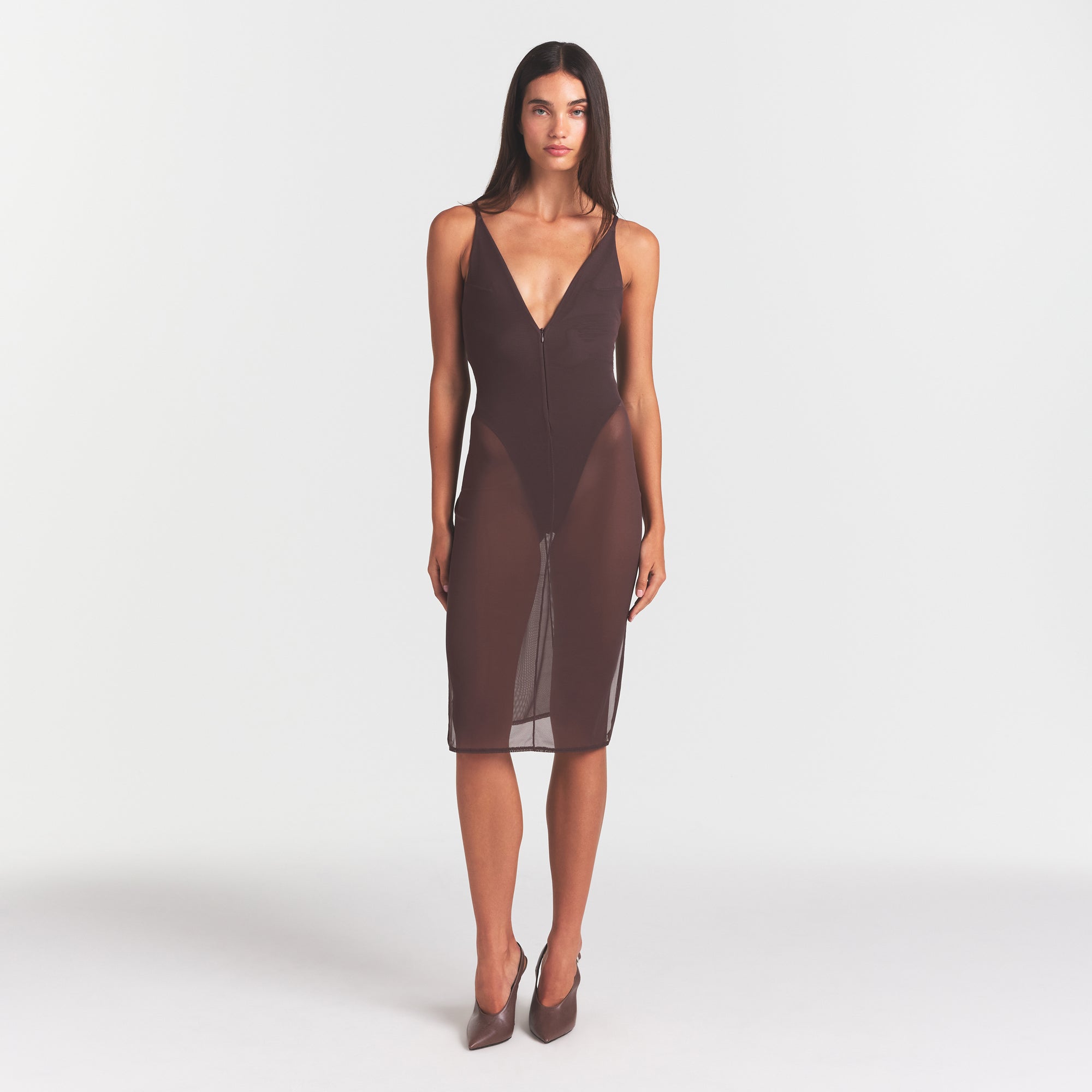 SKIMS BODY MESH PLUNGE MIDI DRESS | RAISIN ON A MODEL FRONT VIEW @ | FOCUS: 0.0, 1.0, 0.9
