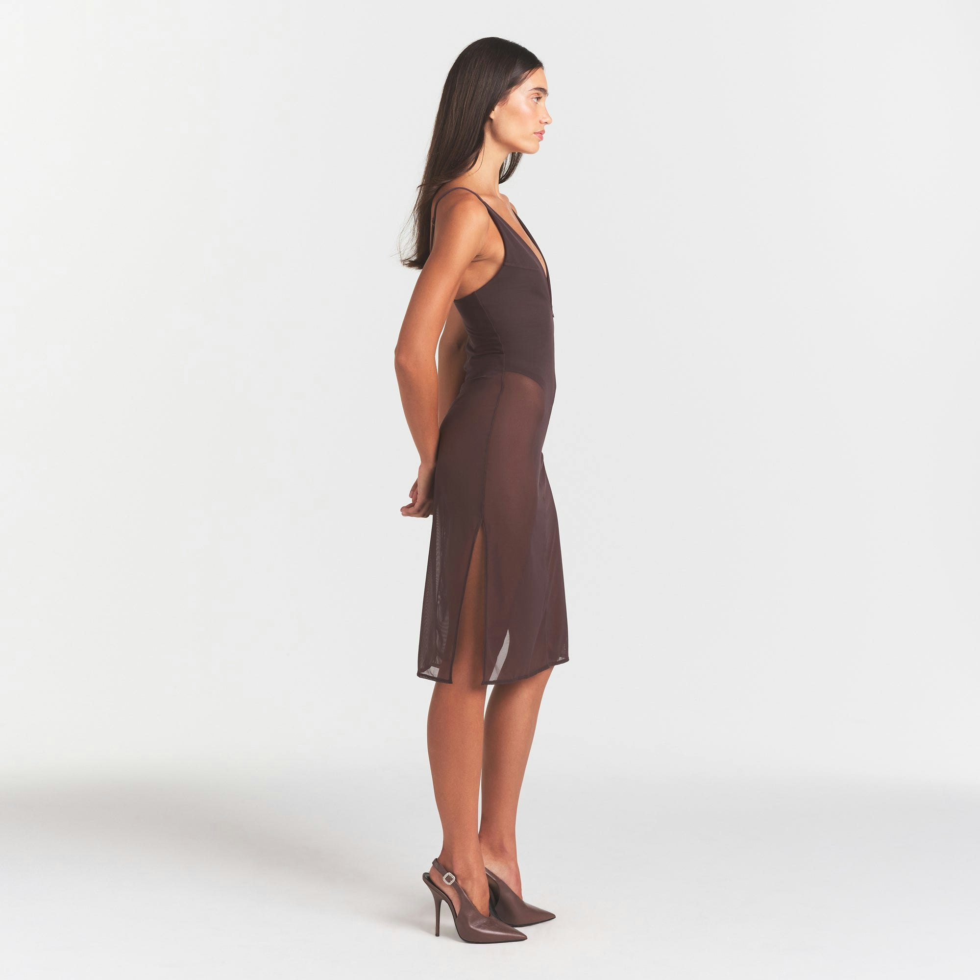 SKIMS BODY MESH PLUNGE MIDI DRESS | RAISIN ON A MODEL FRONT VIEW @ | FOCUS: 0.0, 1.0, 0.9