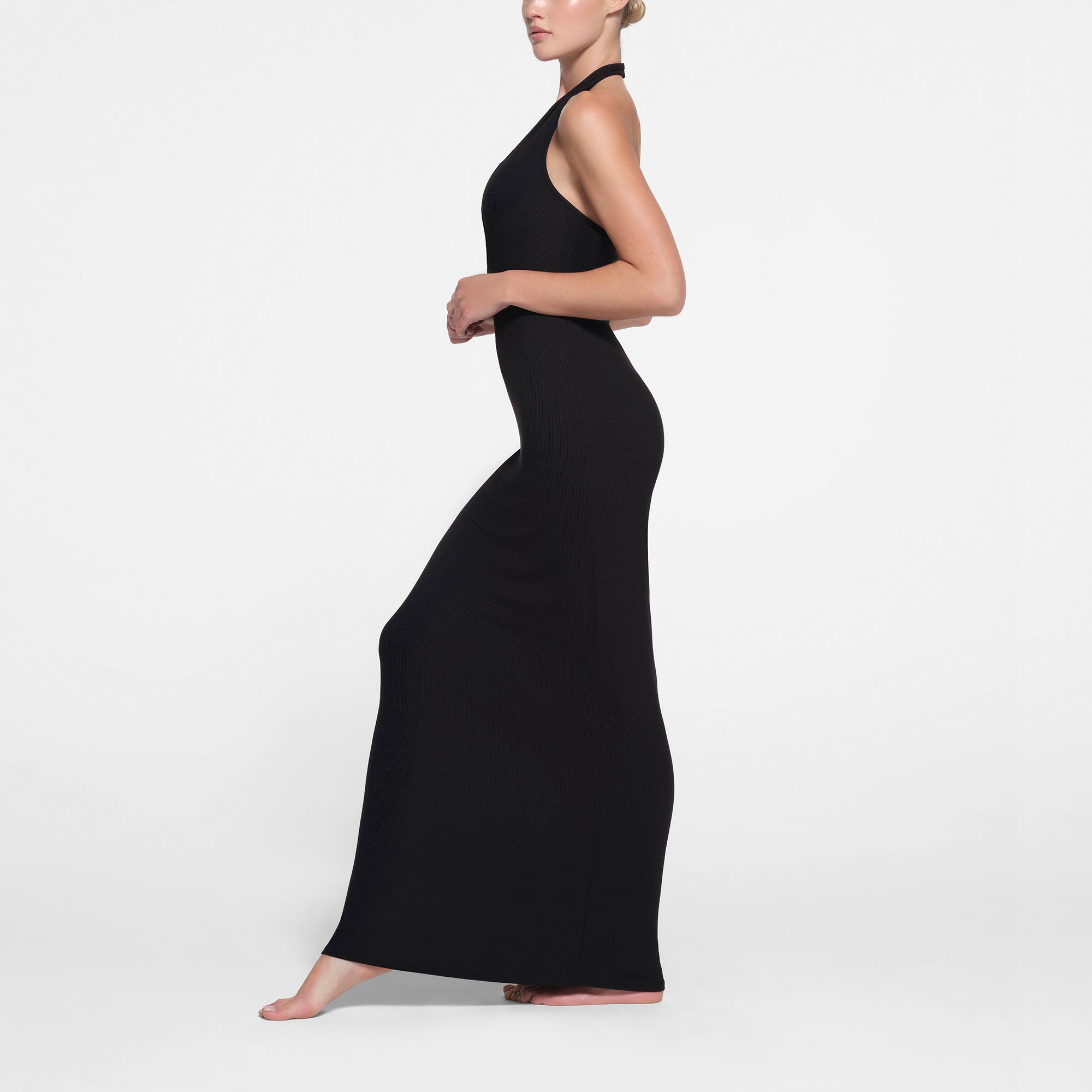 SOFT LOUNGE DEEP PLUNGE HALTER LONG DRESS | ONYX | XXS