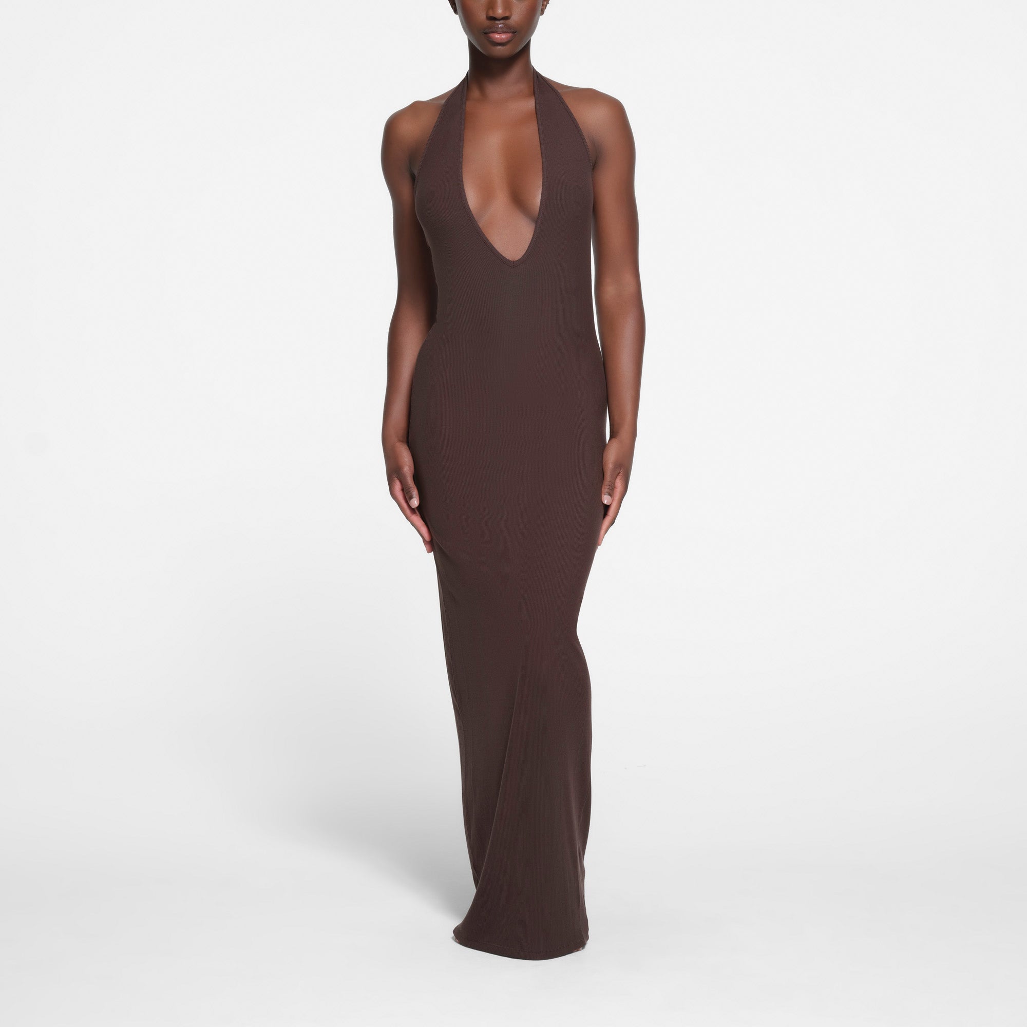 Deep plunge halter dress sales