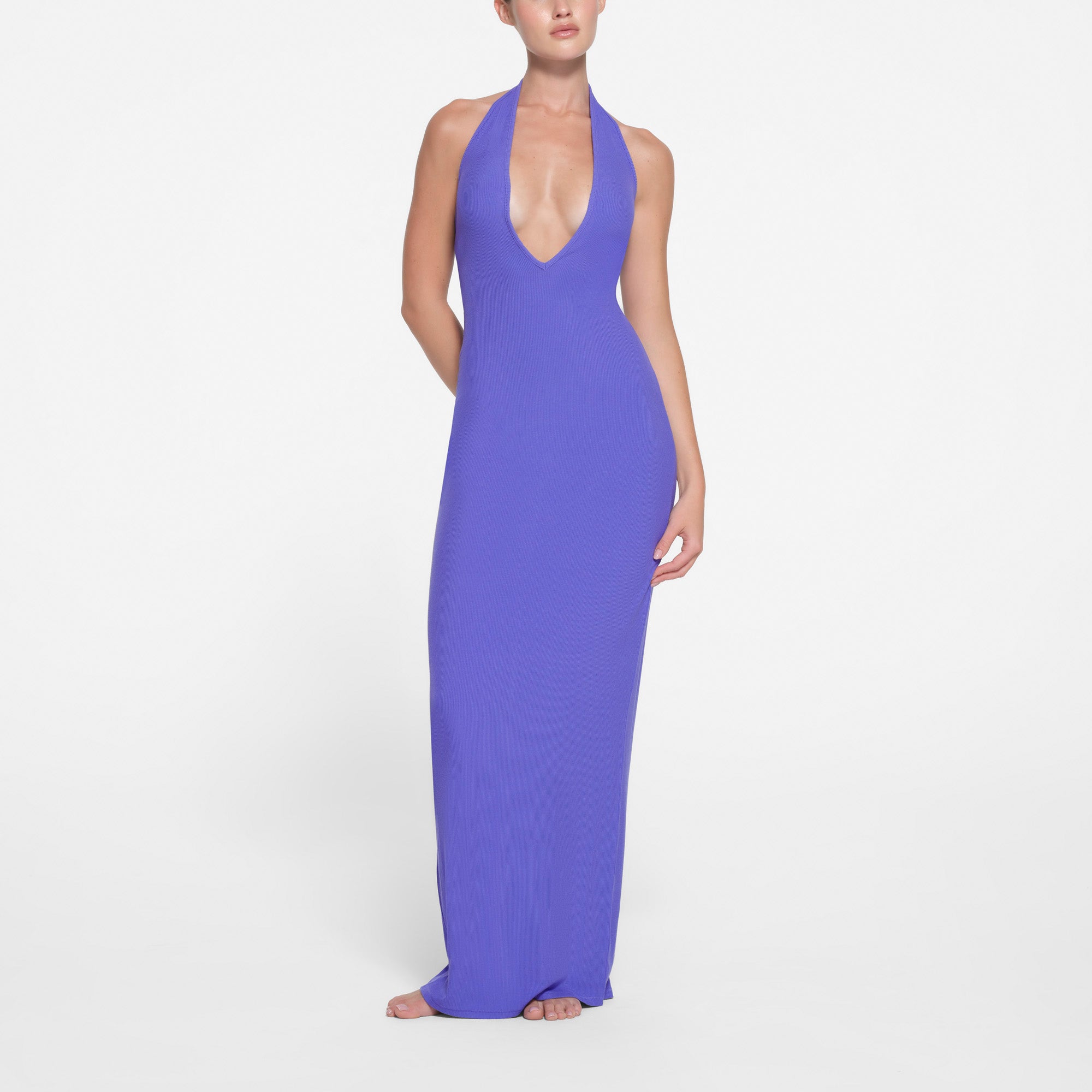 SOFT LOUNGE DEEP PLUNGE HALTER LONG DRESS TANZANITE