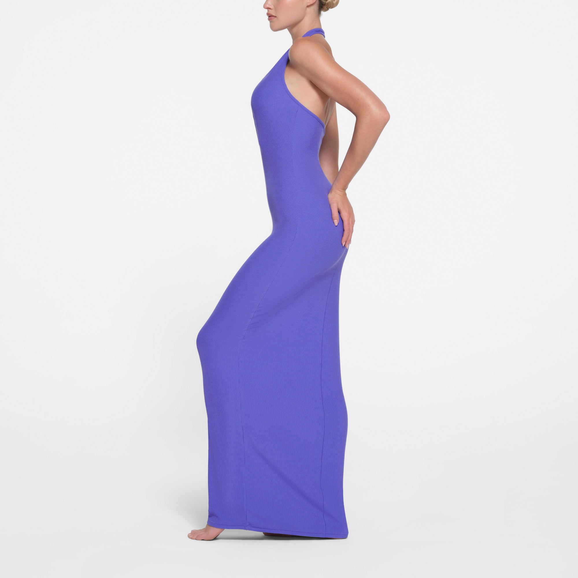 SOFT LOUNGE DEEP PLUNGE HALTER LONG DRESS | TANZANITE