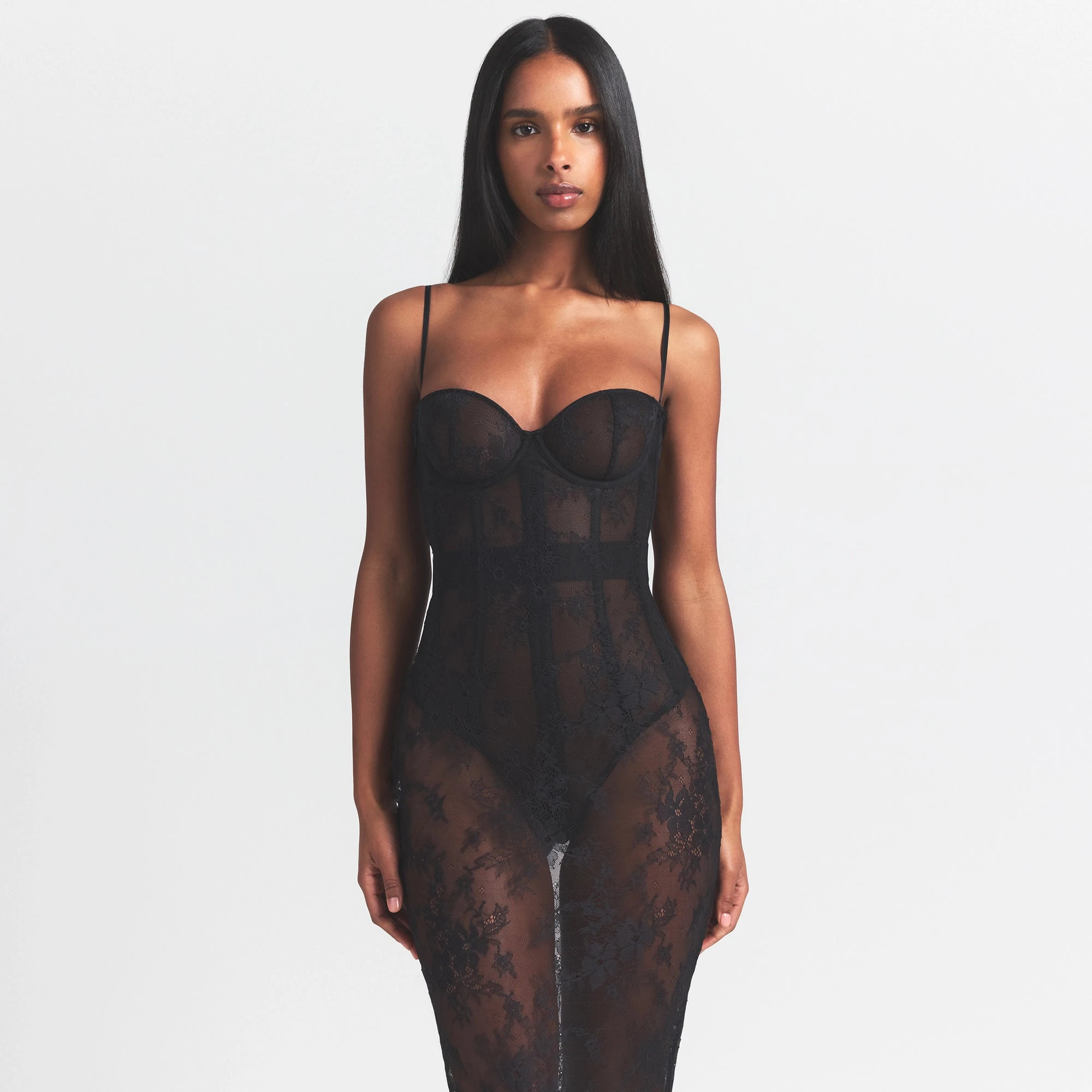 ULTRA FINE LACE STRAPLESS CORSET LONG DRESS | ONYX | SKIMS ULTRA FINE LACE STRAPLESS CORSET LONG DRESS | ONYX | SKIMS