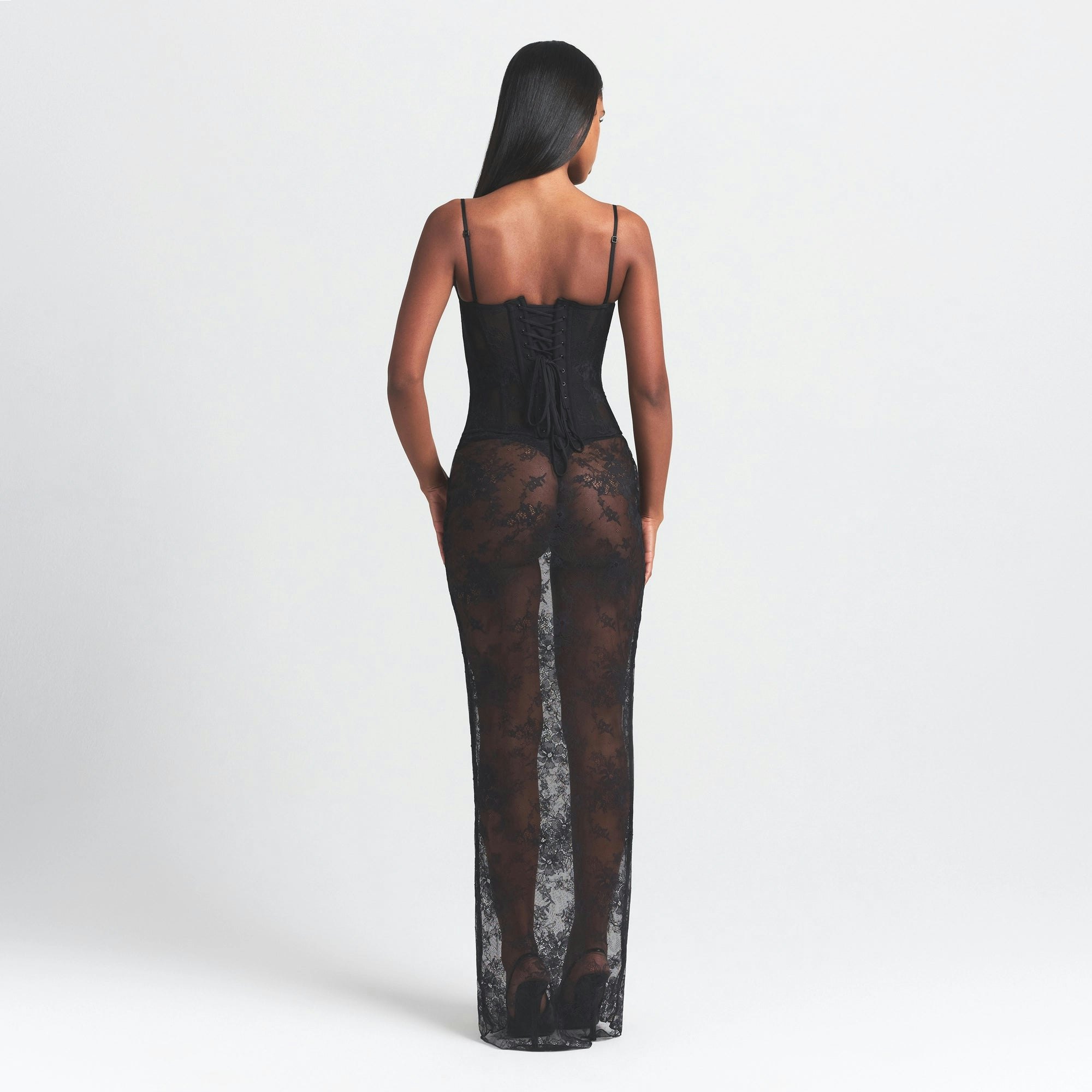 ULTRA FINE LACE STRAPLESS CORSET LONG DRESS | ONYX ON A MODEL FRONT VIEW @ | FOCUS: 0.0, 1.0, 0.9