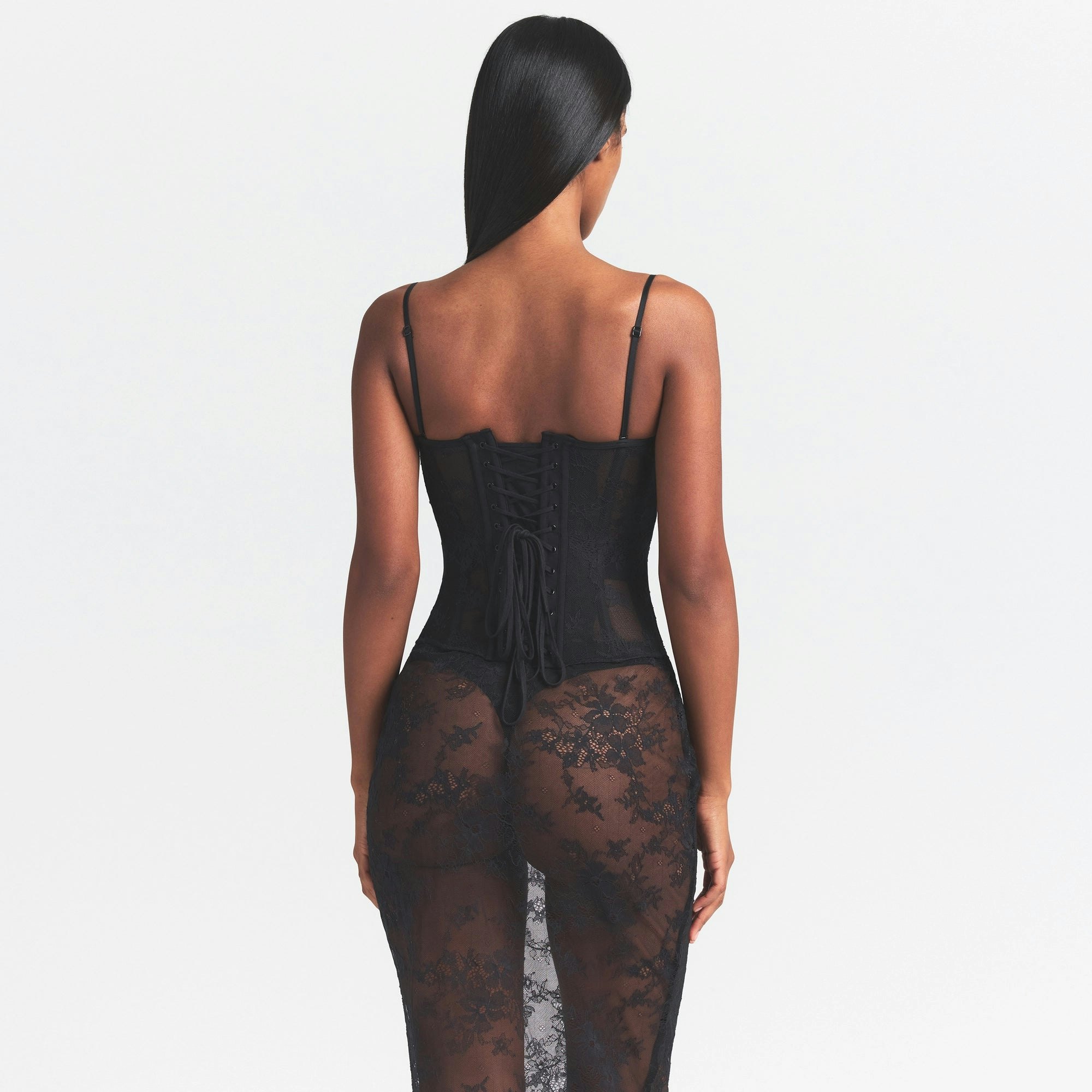 ULTRA FINE LACE STRAPLESS CORSET LONG DRESS | ONYX ON A MODEL SIDE VIEW @ | FOCUS: 0.0, 1.0, 0.9
