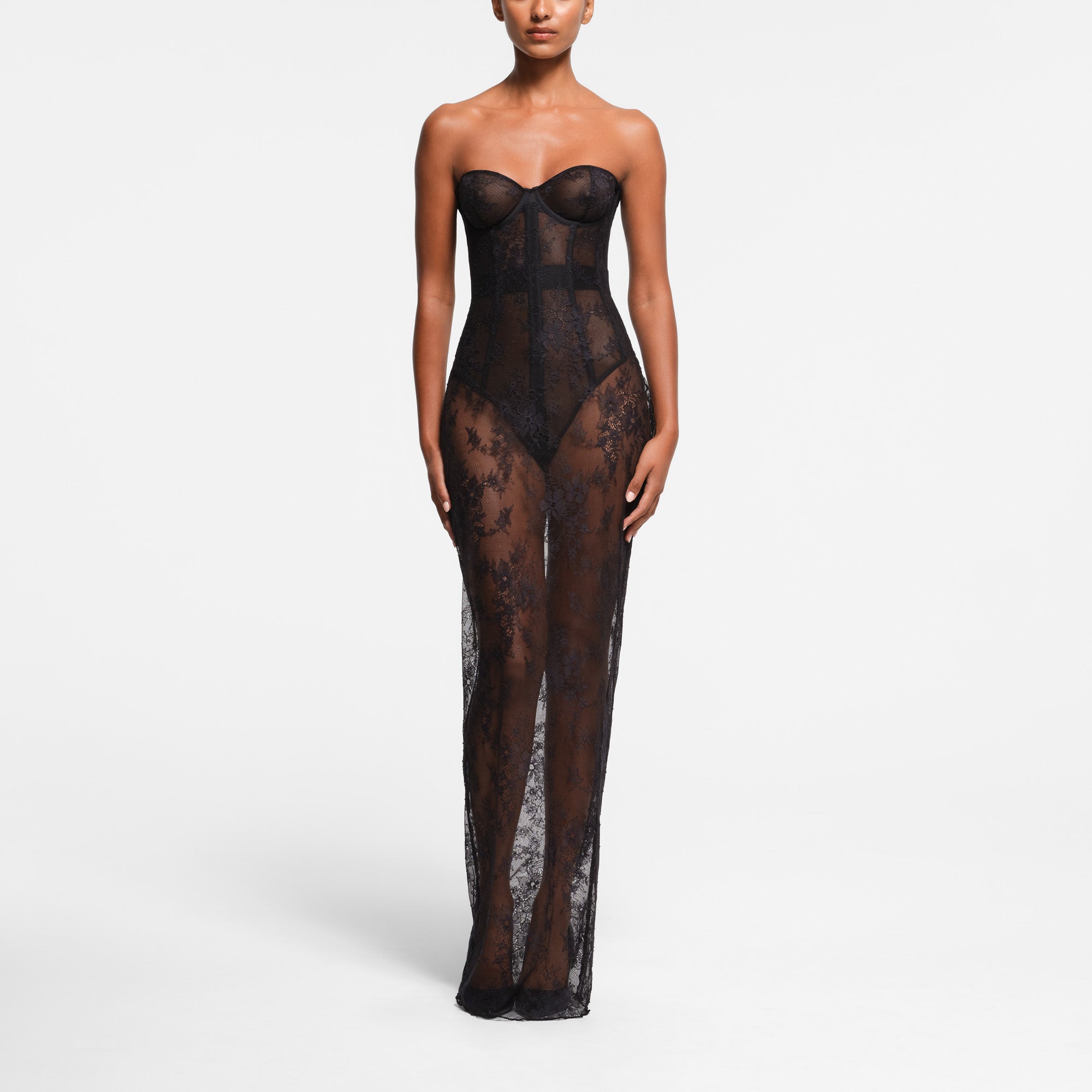 ULTRA FINE LACE STRAPLESS CORSET LONG DRESS ONYX