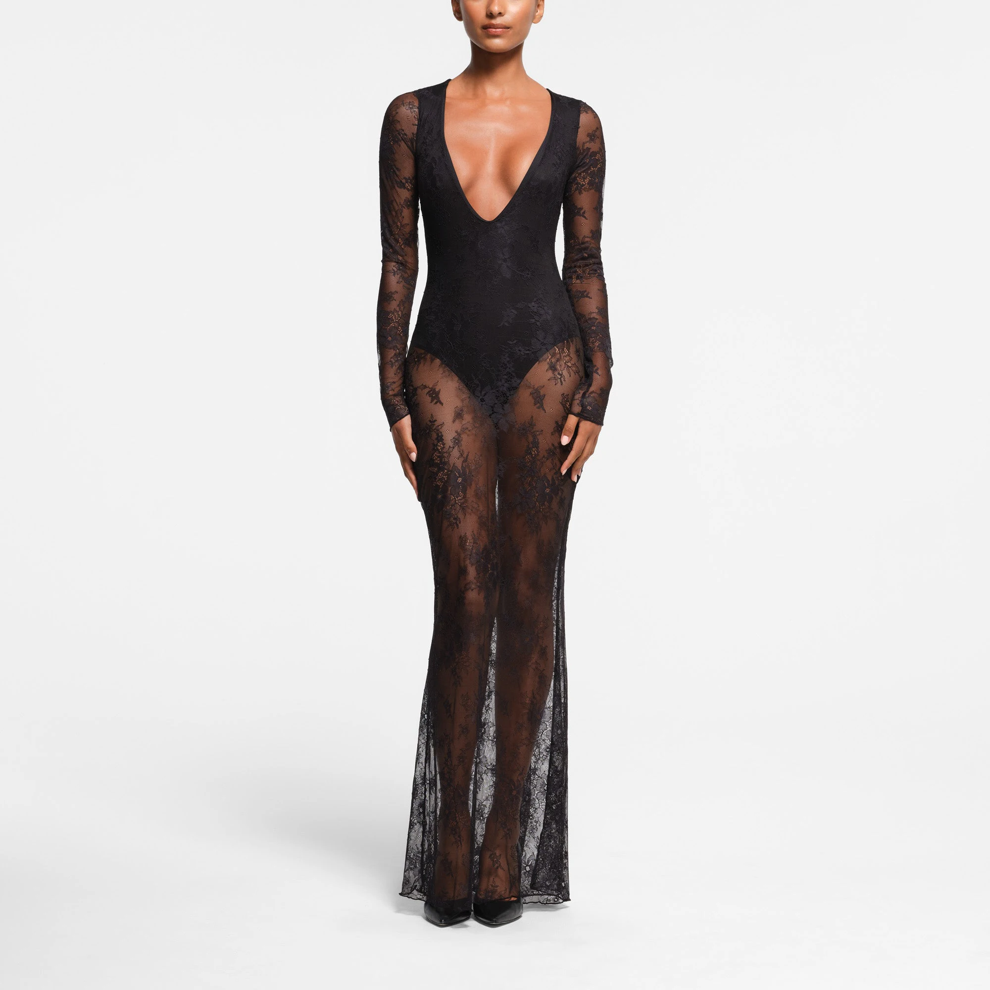 ULTRA FINE LACE PLUNGE LONG DRESS | ONYX ON A MODEL FRONT VIEW