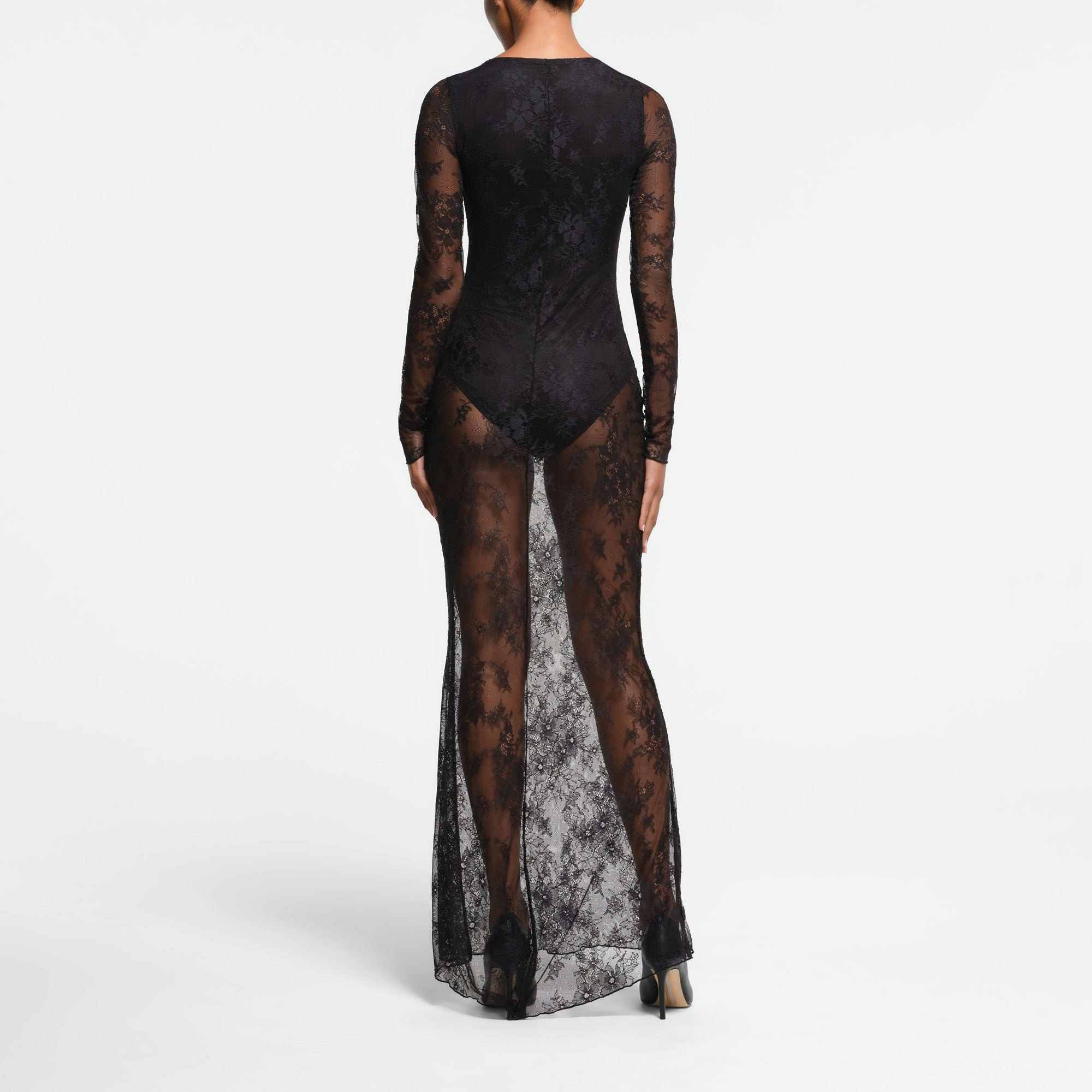 ULTRA FINE LACE PLUNGE LONG DRESS | ONYX ON A MODEL BACK VIEW