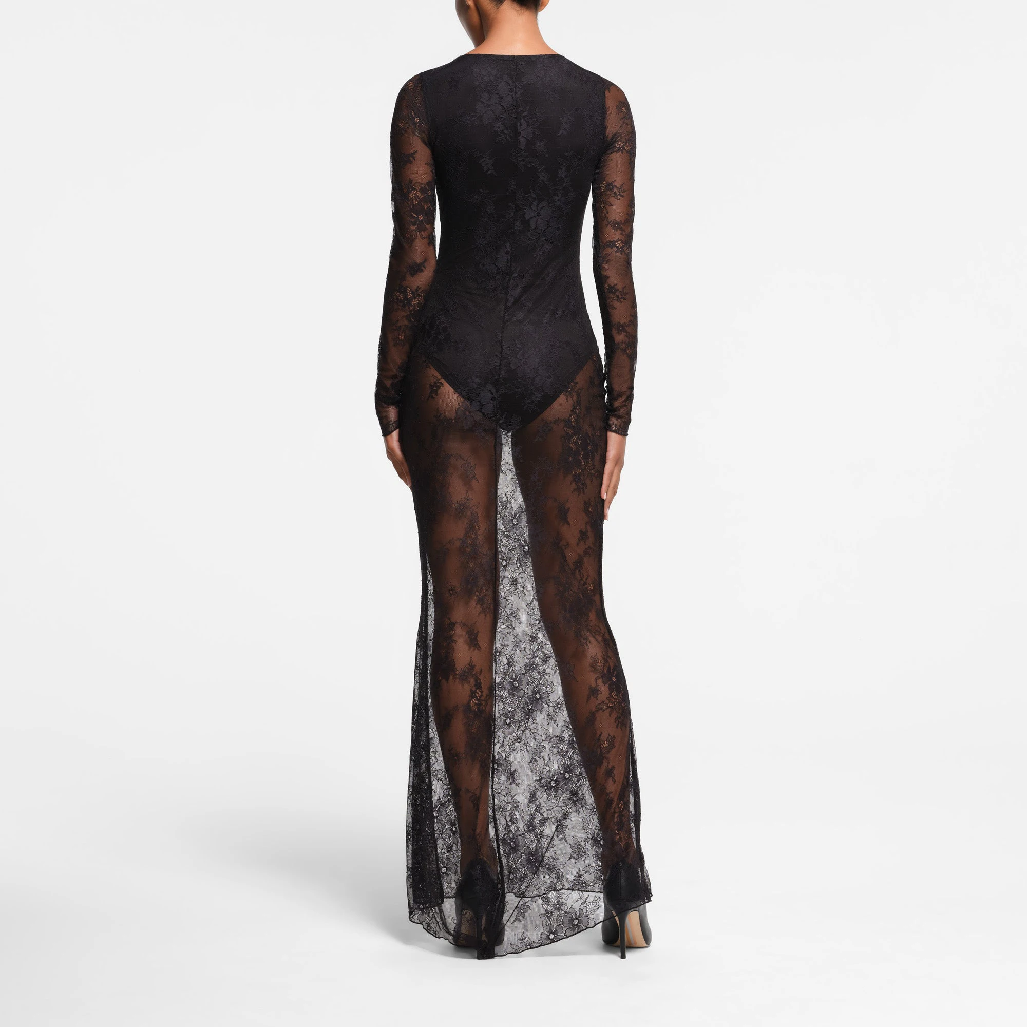 ULTRA FINE LACE PLUNGE LONG DRESS | ONYX ON A MODEL BACK VIEW