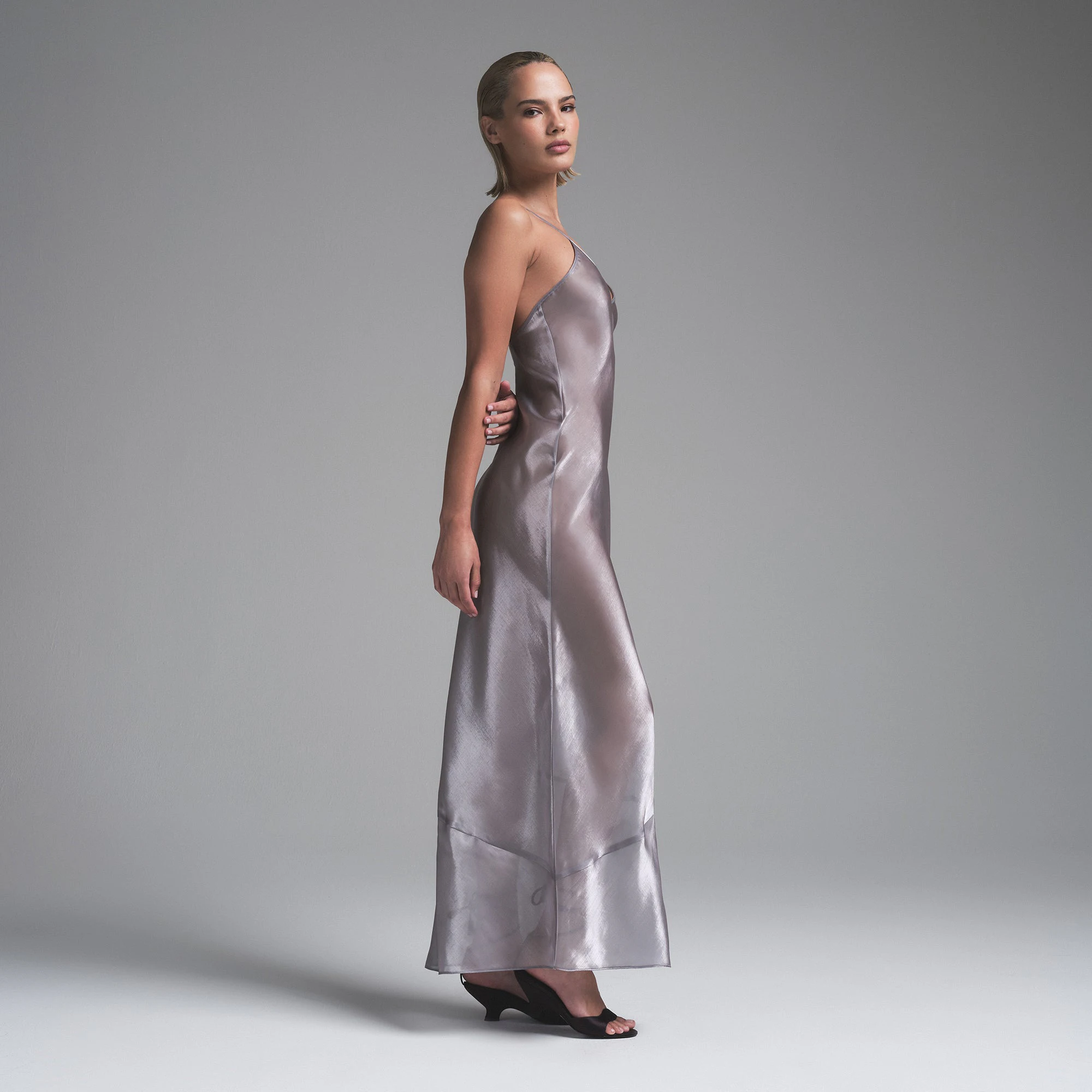 LIQUID ORGANZA CAMI LONG DRESS | MIRROR ON A MODEL FRONT VIEW