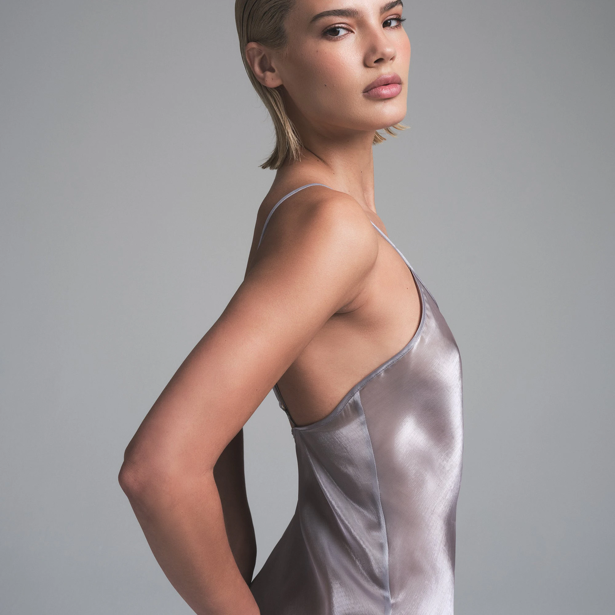 LIQUID ORGANZA CAMI LONG DRESS | MIRROR ON A MODEL FRONT VIEW