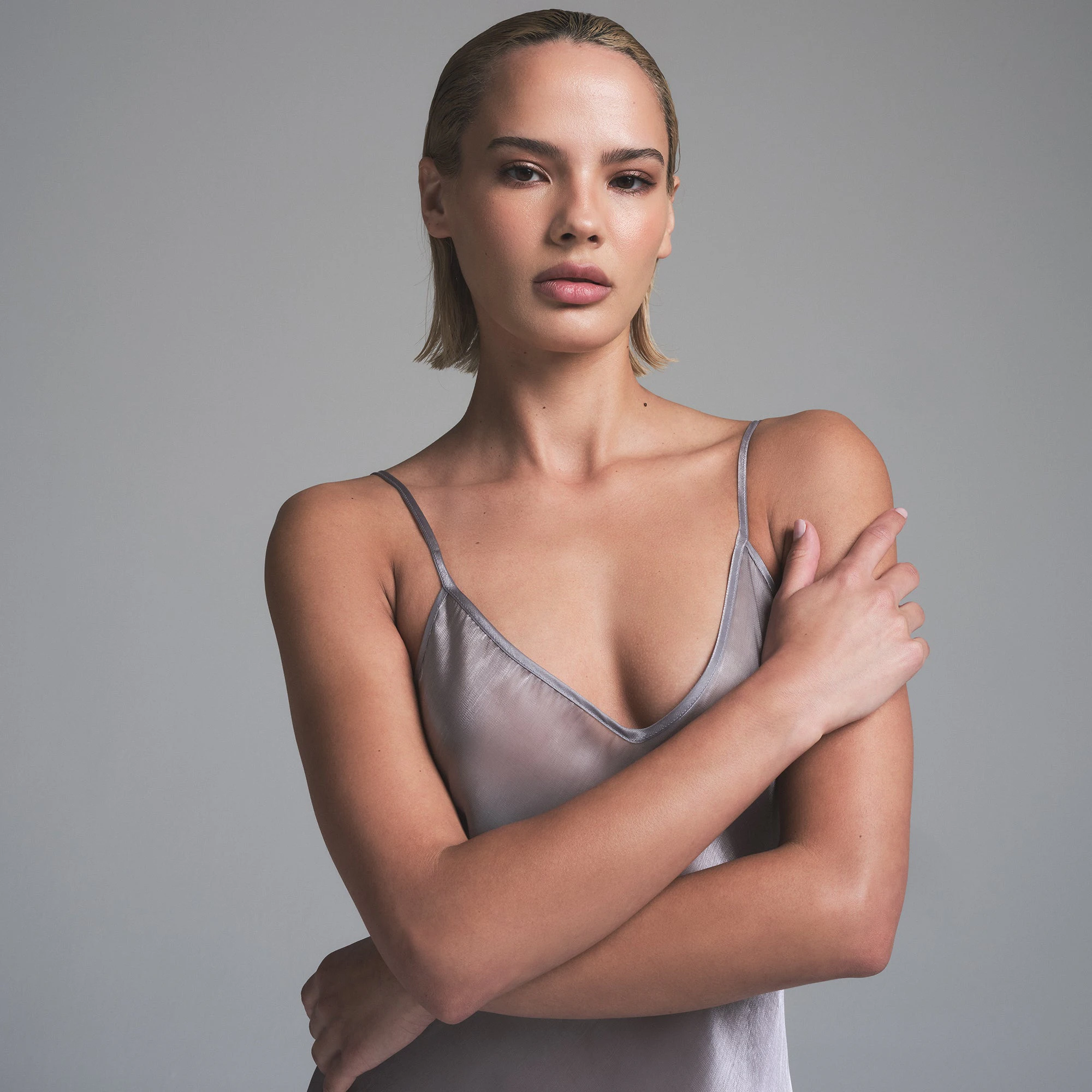 LIQUID ORGANZA CAMI LONG DRESS | MIRROR ON A MODEL FRONT VIEW