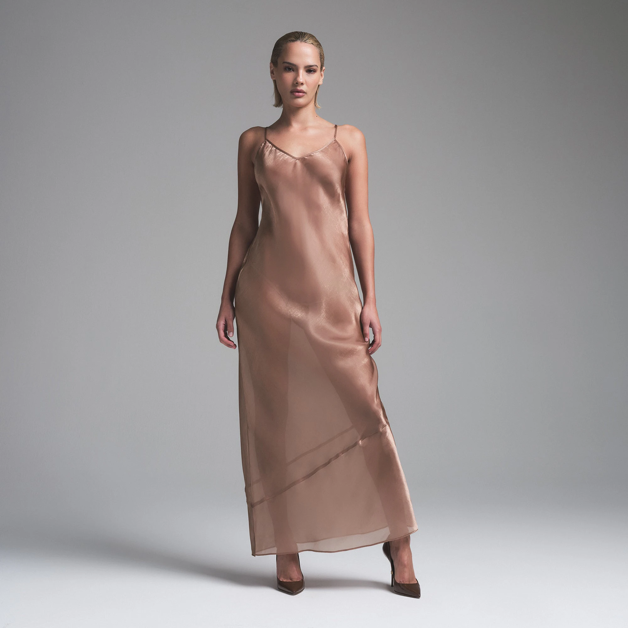 LIQUID ORGANZA CAMI LONG DRESS | SIENNA (LONG DRESSES) ON A MODEL FRONT VIEW