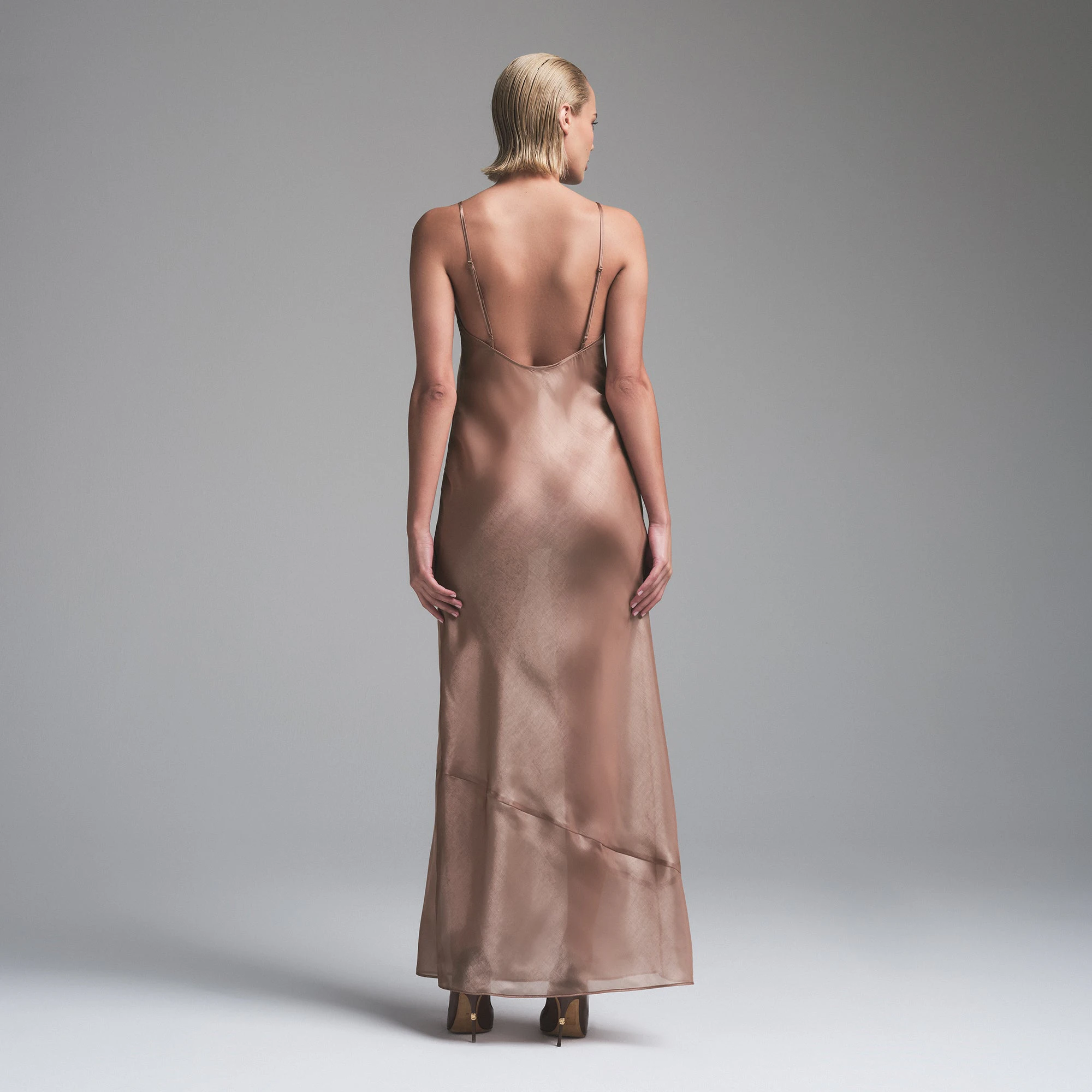 LIQUID ORGANZA CAMI LONG DRESS | SIENNA ON A MODEL FRONT VIEW