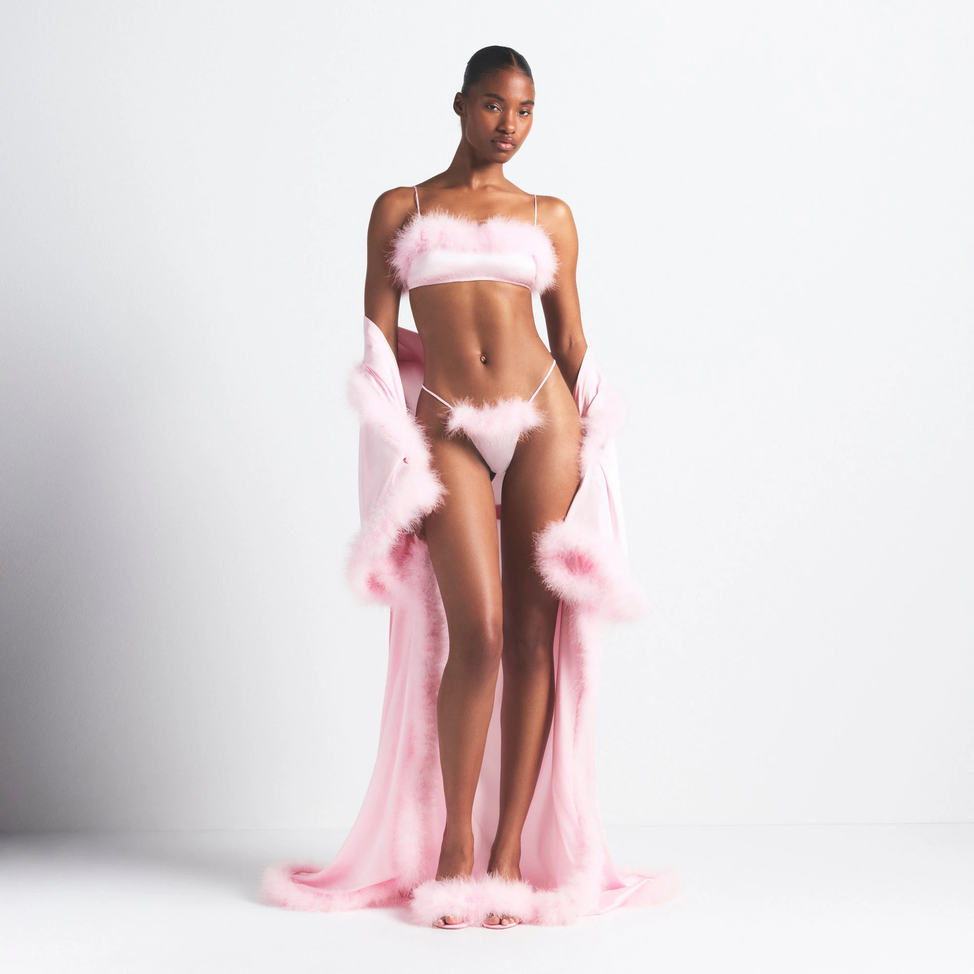 SILK FEATHER TRIM LONG ROBE | CHERRY BLOSSOM ON A MODEL FRONT VIEW @ | FOCUS: 0.0, 1.0, 0.9