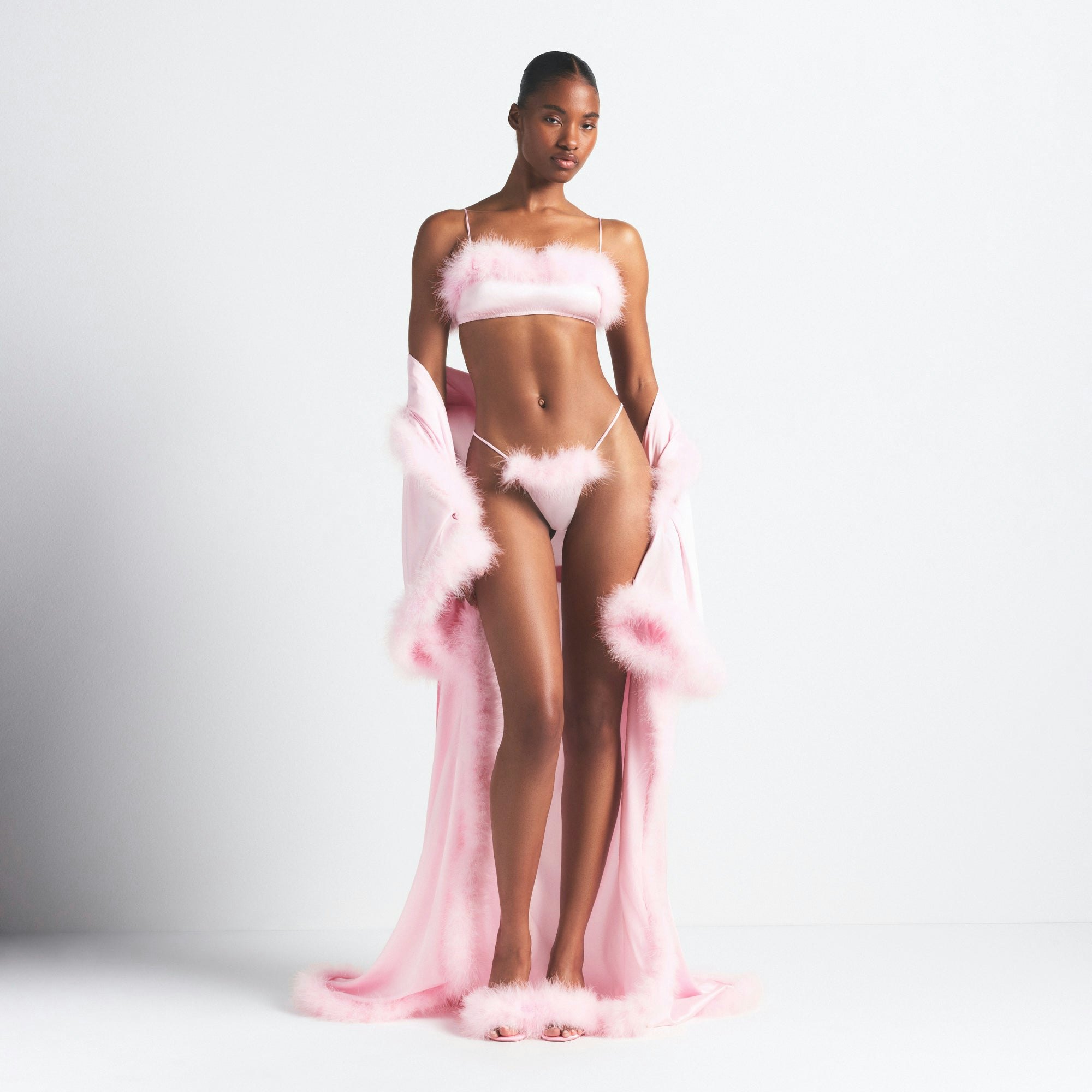 SILK FEATHER TRIM LONG ROBE | CHERRY BLOSSOM ON A MODEL FRONT VIEW @ | FOCUS: 0.0, 1.0, 0.9