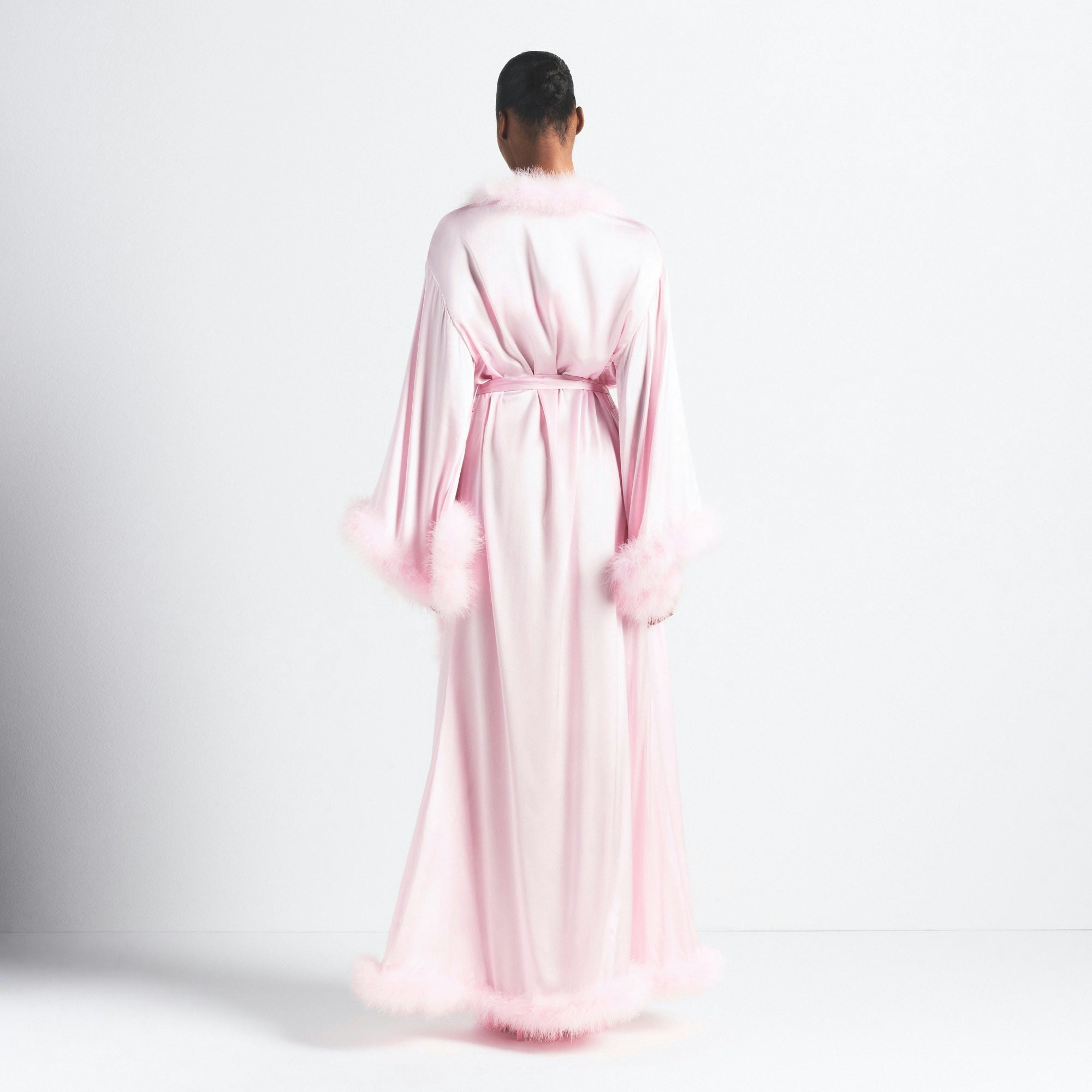 SILK FEATHER TRIM LONG ROBE | CHERRY BLOSSOM ON A MODEL SIDE VIEW @ | FOCUS: 0.0, 1.0, 0.9
