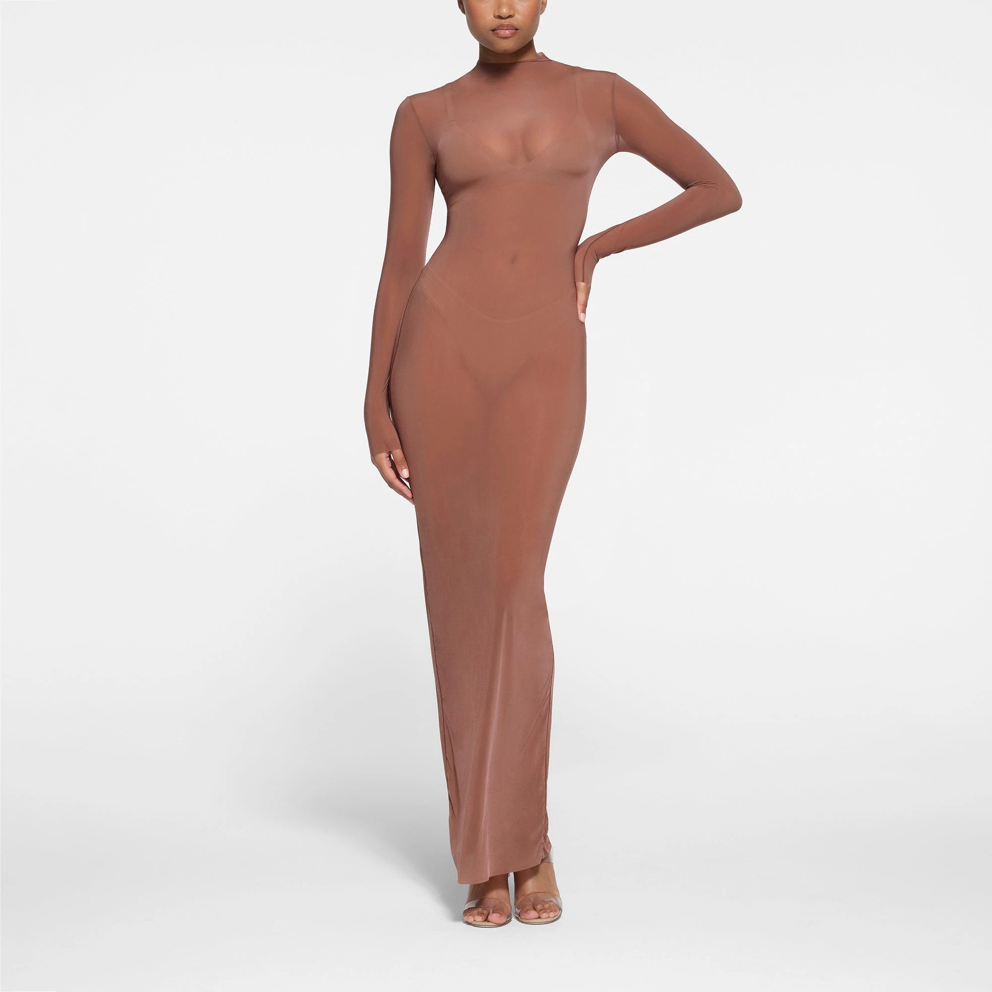 MILKY SHEER MOCK NECK LONG SLEEVE LONG DRESS | BRANDY ON A MODEL FRONT VIEW