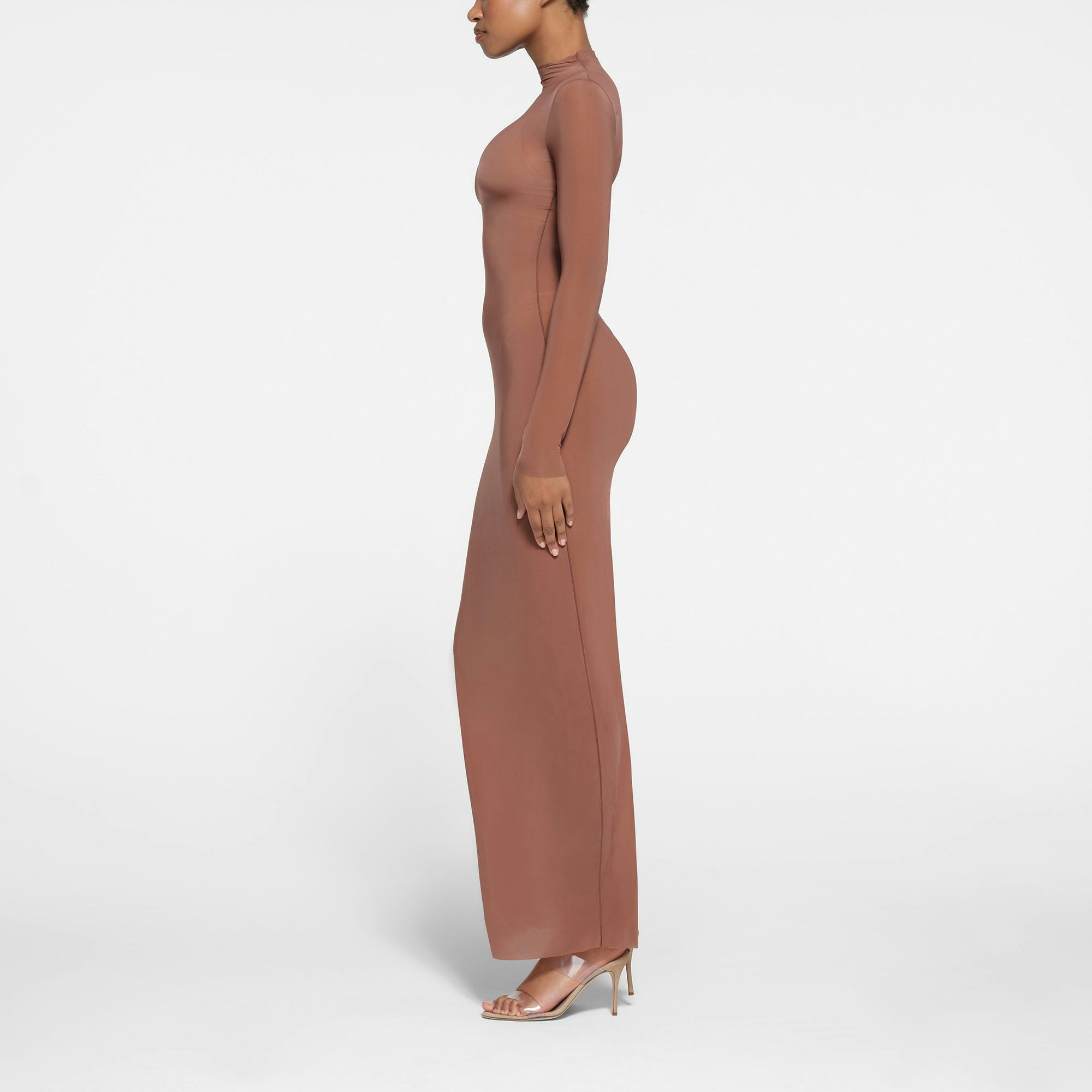 MILKY SHEER MOCK NECK LONG SLEEVE LONG DRESS | BRANDY ON A MODEL SIDE VIEW