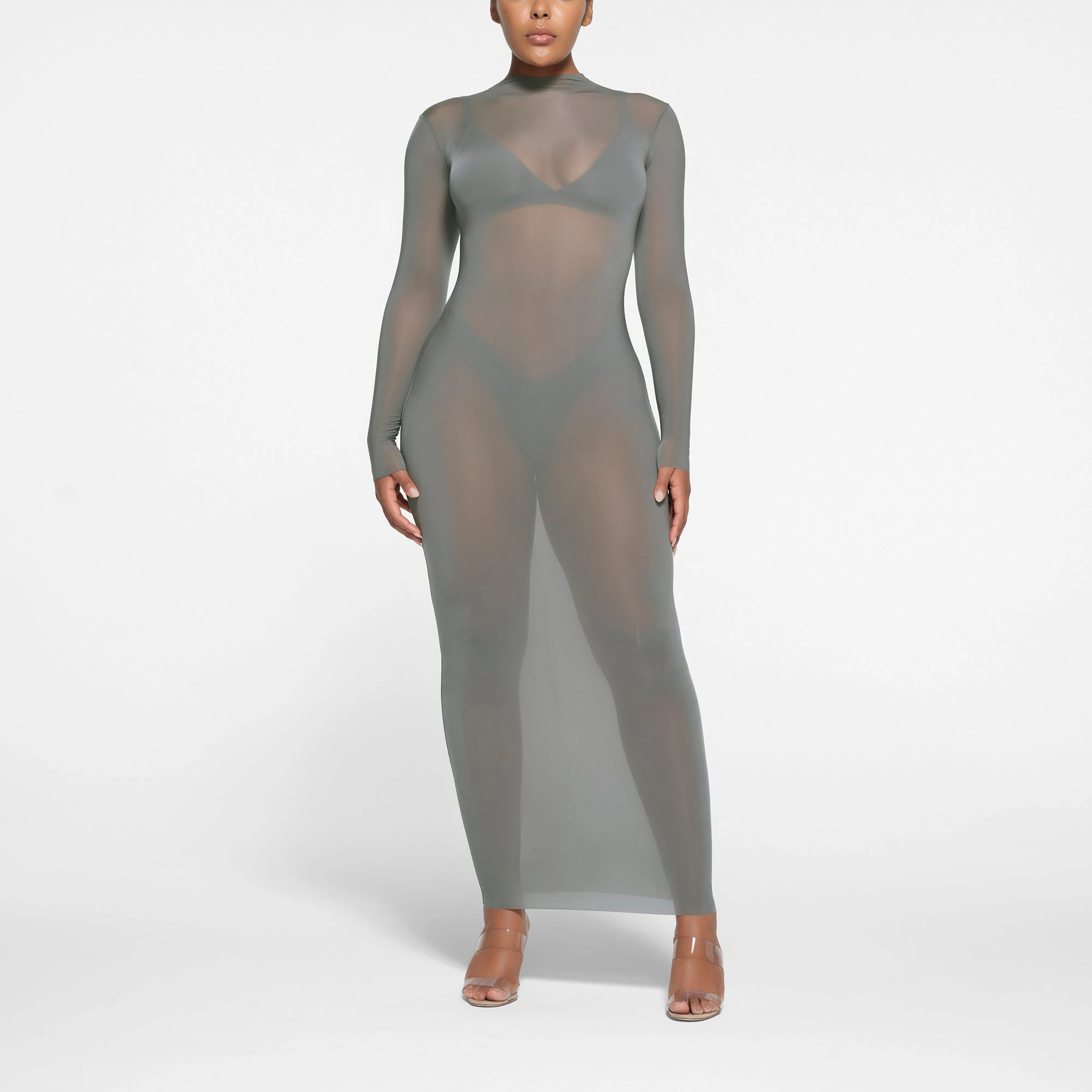 MILKY SHEER MOCK NECK LONG SLEEVE LONG DRESS | GUNMETAL ON A MODEL FRONT VIEW