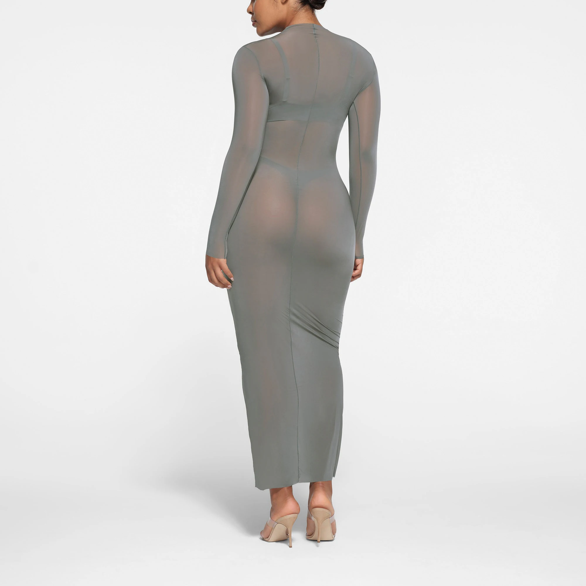MILKY SHEER MOCK NECK LONG SLEEVE LONG DRESS | GUNMETAL ON A MODEL BACK VIEW