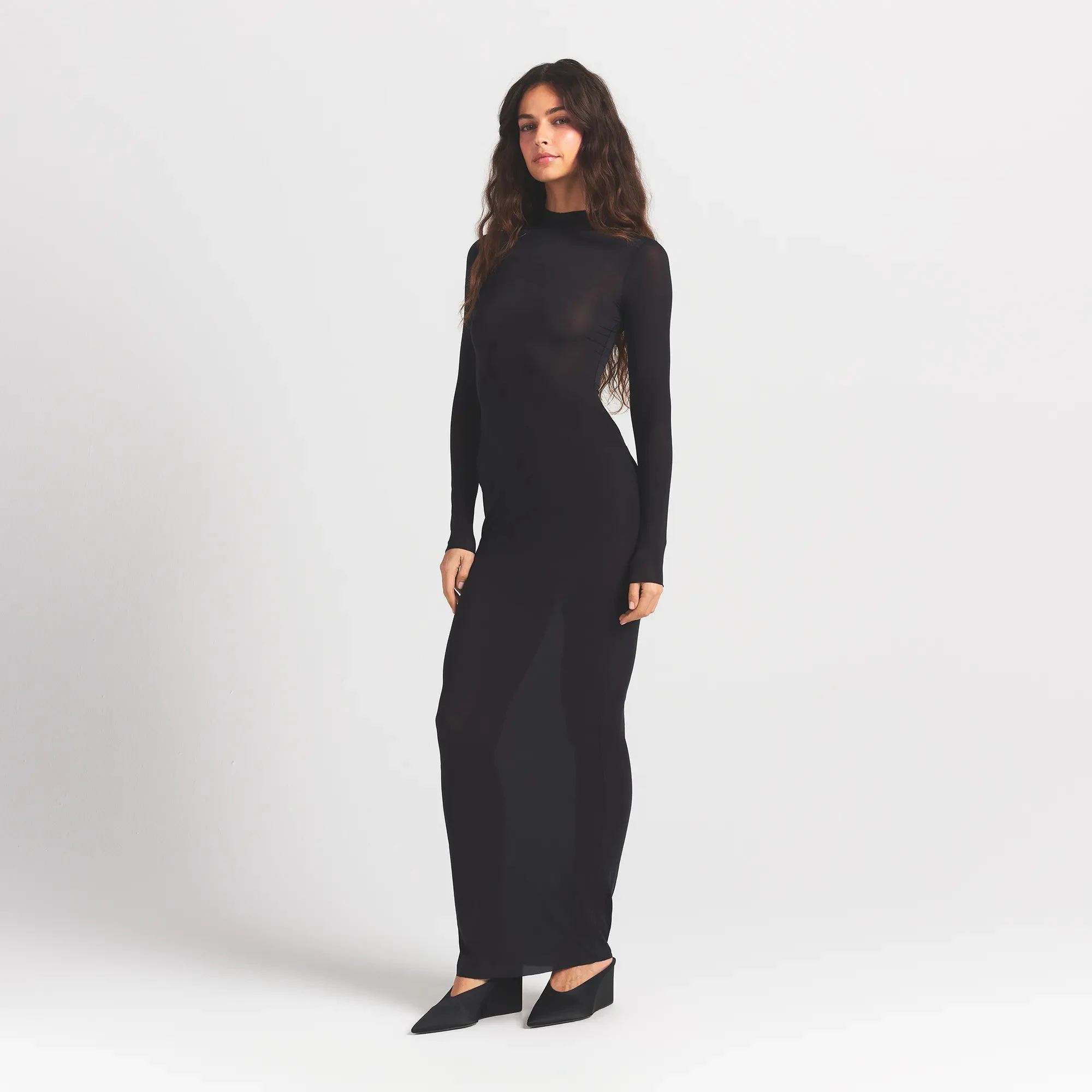 SKIMS Mock Neck Long Sleeve Long Dress | Obsidian | Black | Milky Sheer | 2XS | 2X-Small | Women's SKIMS Mock Neck Long Sleeve Long Dress | Obsidian | Black | Milky Sheer | 2XS | 2X-Small | Women's