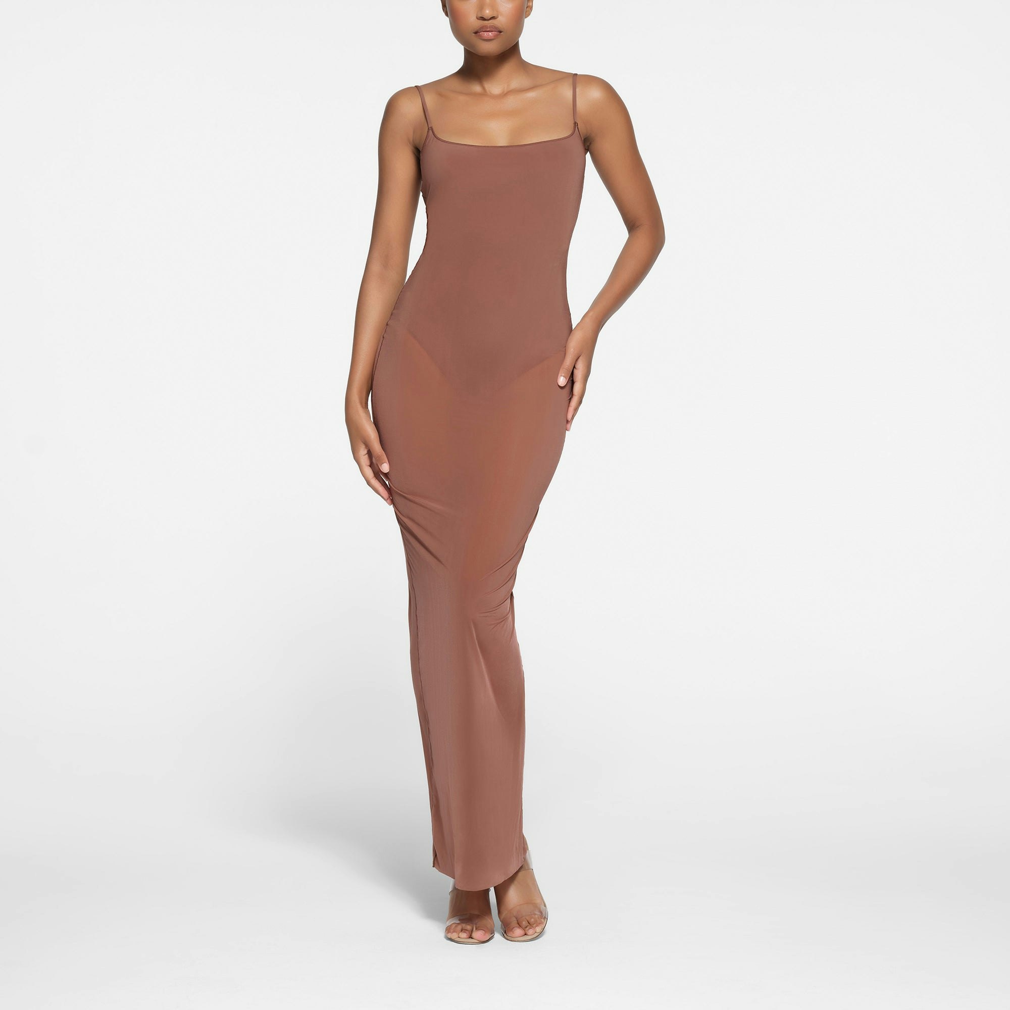 MILKY SHEER LOW BACK SLEEVELESS LONG DRESS | BRANDY ON A MODEL FRONT VIEW