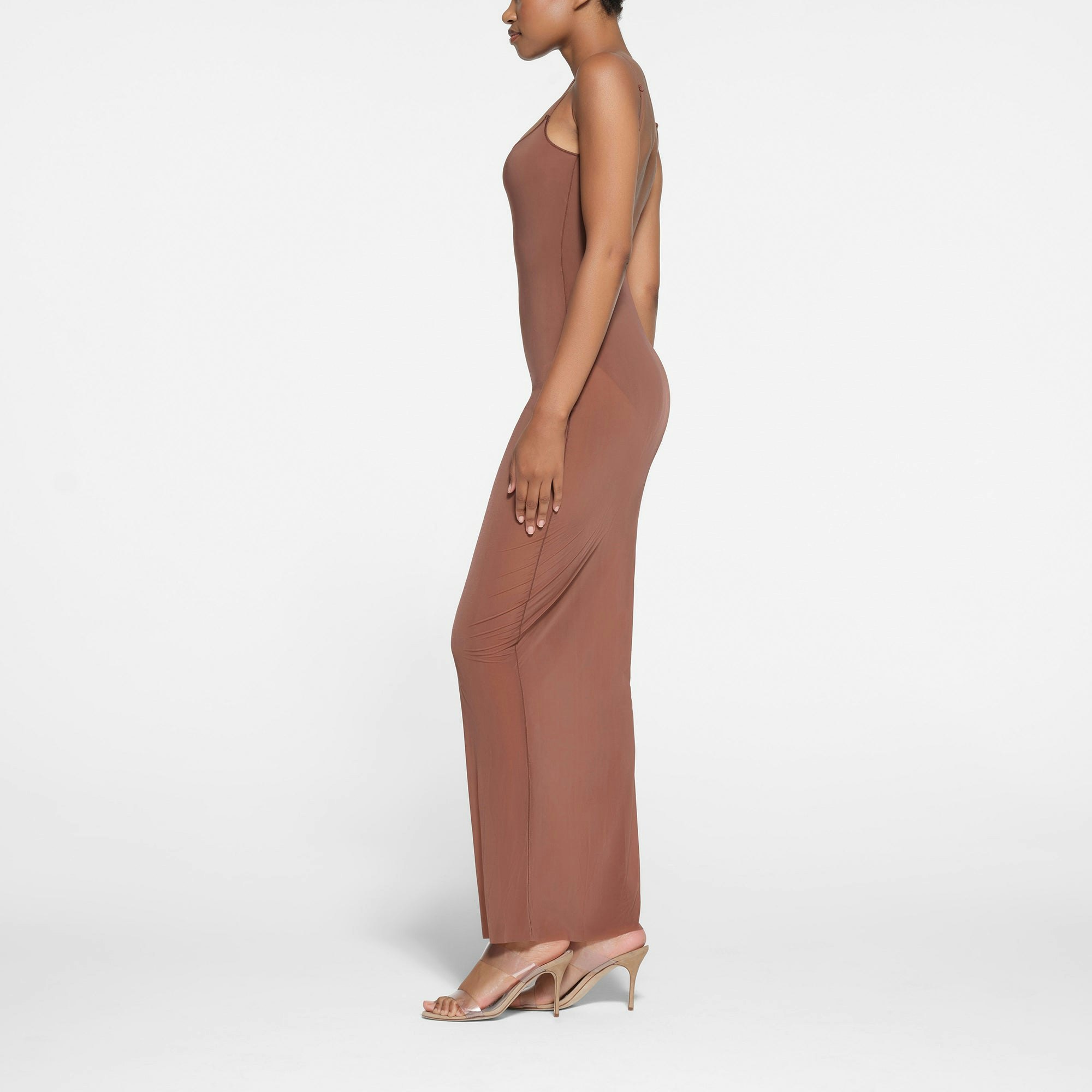 MILKY SHEER LOW BACK SLEEVELESS LONG DRESS | BRANDY ON A MODEL SIDE VIEW