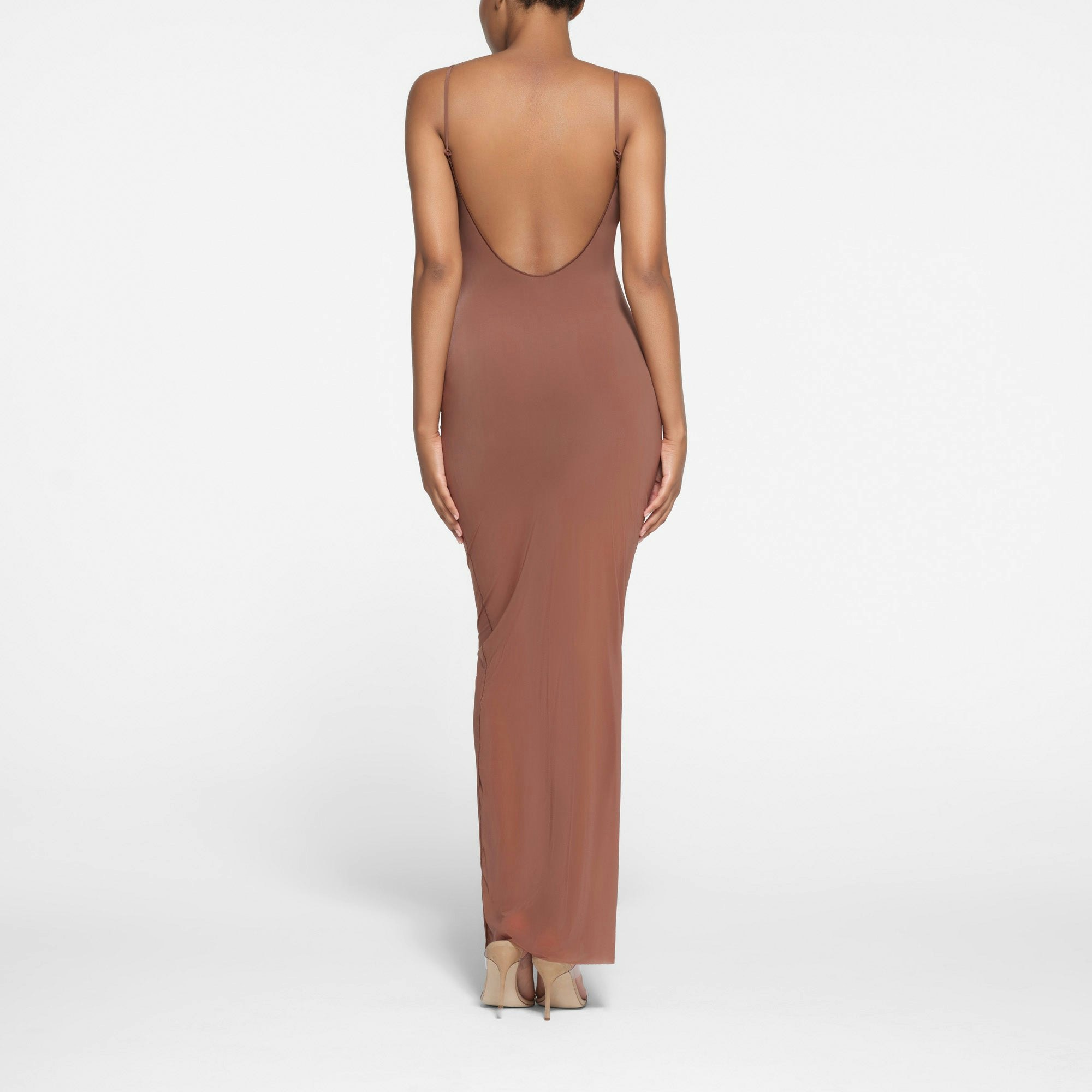 MILKY SHEER LOW BACK SLEEVELESS LONG DRESS | BRANDY ON A MODEL BACK VIEW