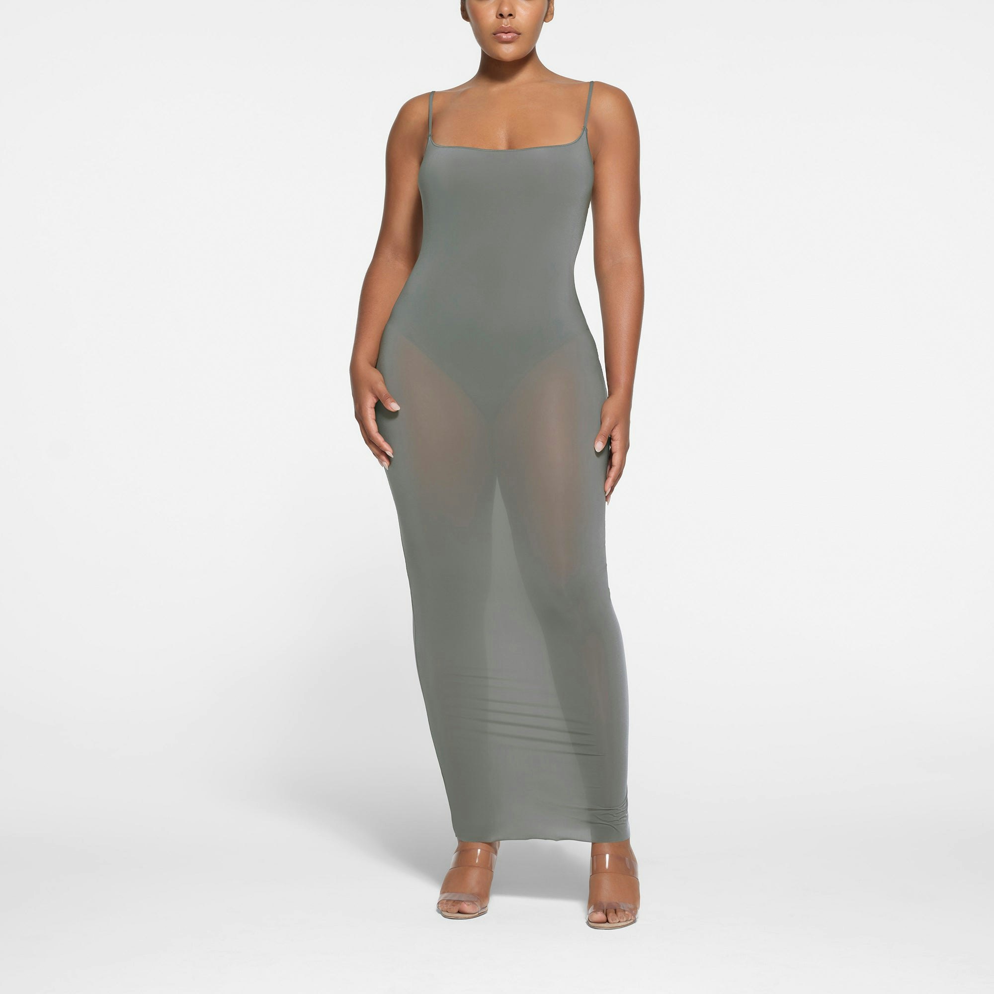 MILKY SHEER LOW BACK SLEEVELESS LONG DRESS | GUNMETAL ON A MODEL FRONT VIEW