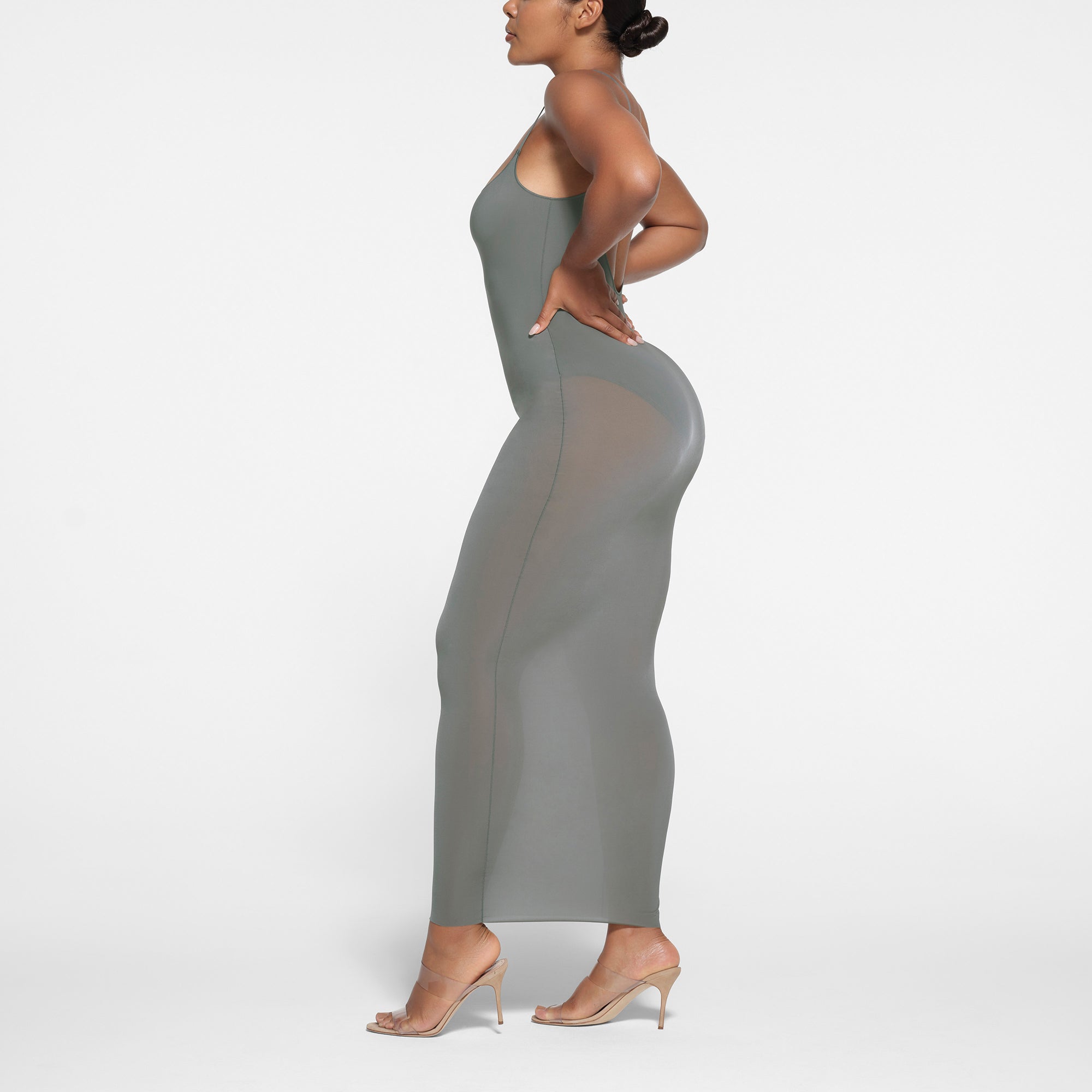 MILKY SHEER LOW BACK LONG DRESS | GUNMETAL | XXS