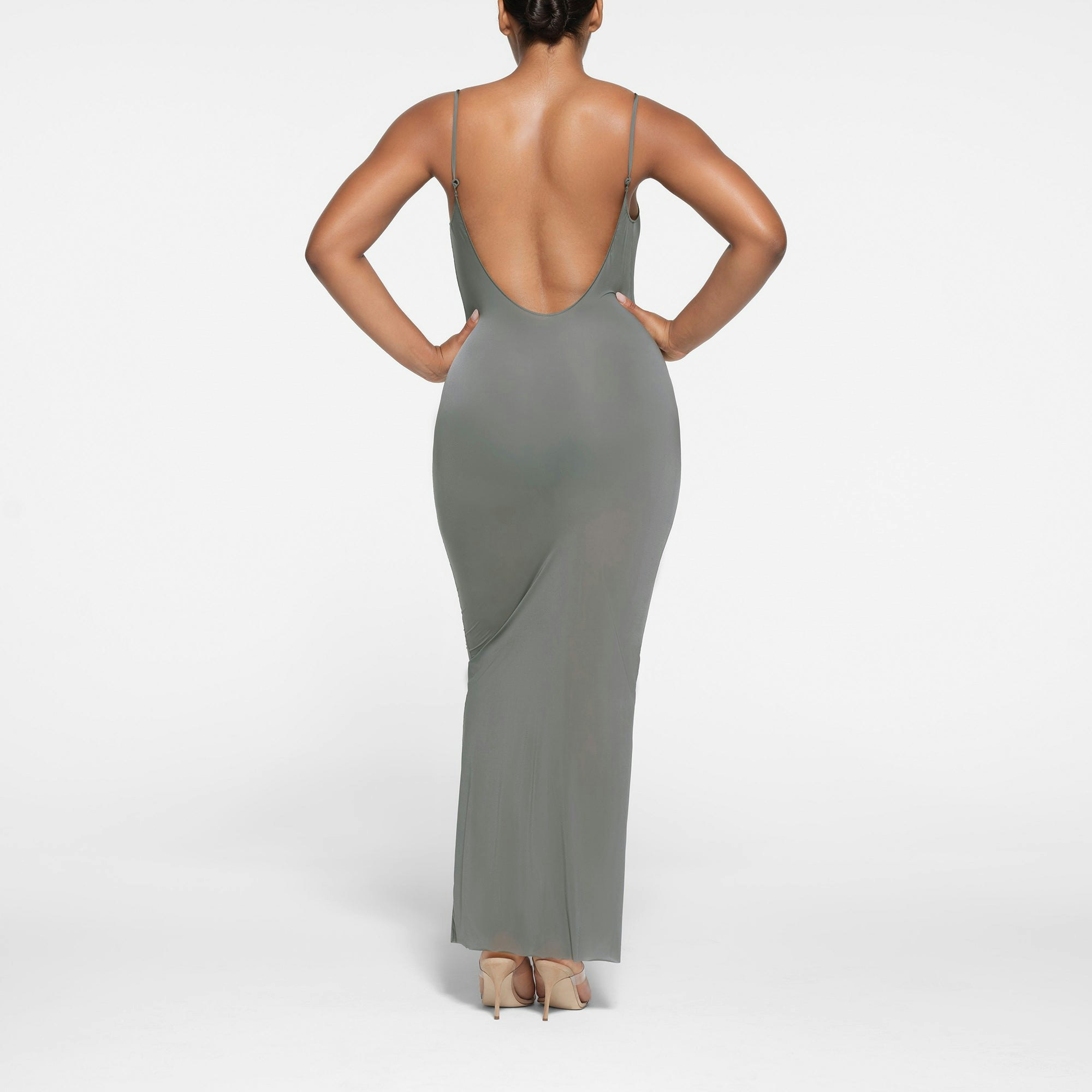 MILKY SHEER LOW BACK SLEEVELESS LONG DRESS | GUNMETAL ON A MODEL BACK VIEW
