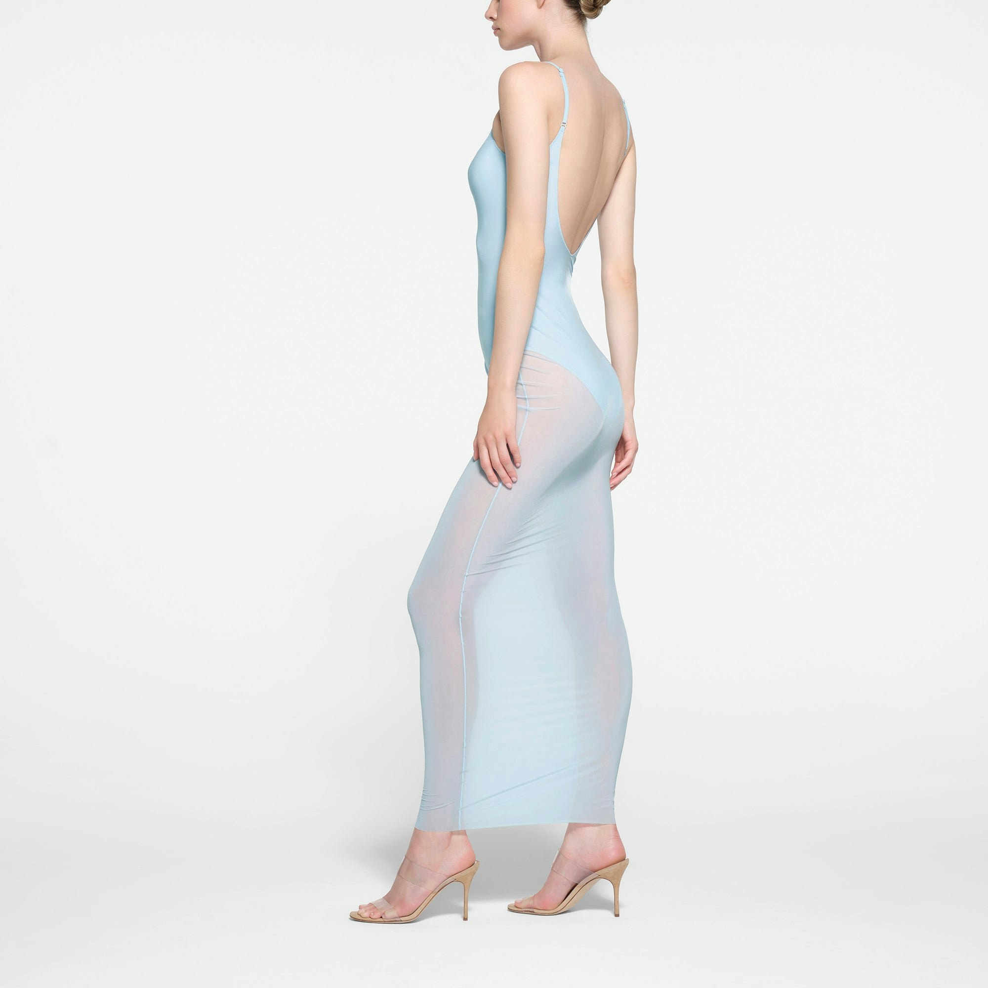 MILKY SHEER LOW BACK SLEEVELESS LONG DRESS | OPAL ON A MODEL SIDE VIEW