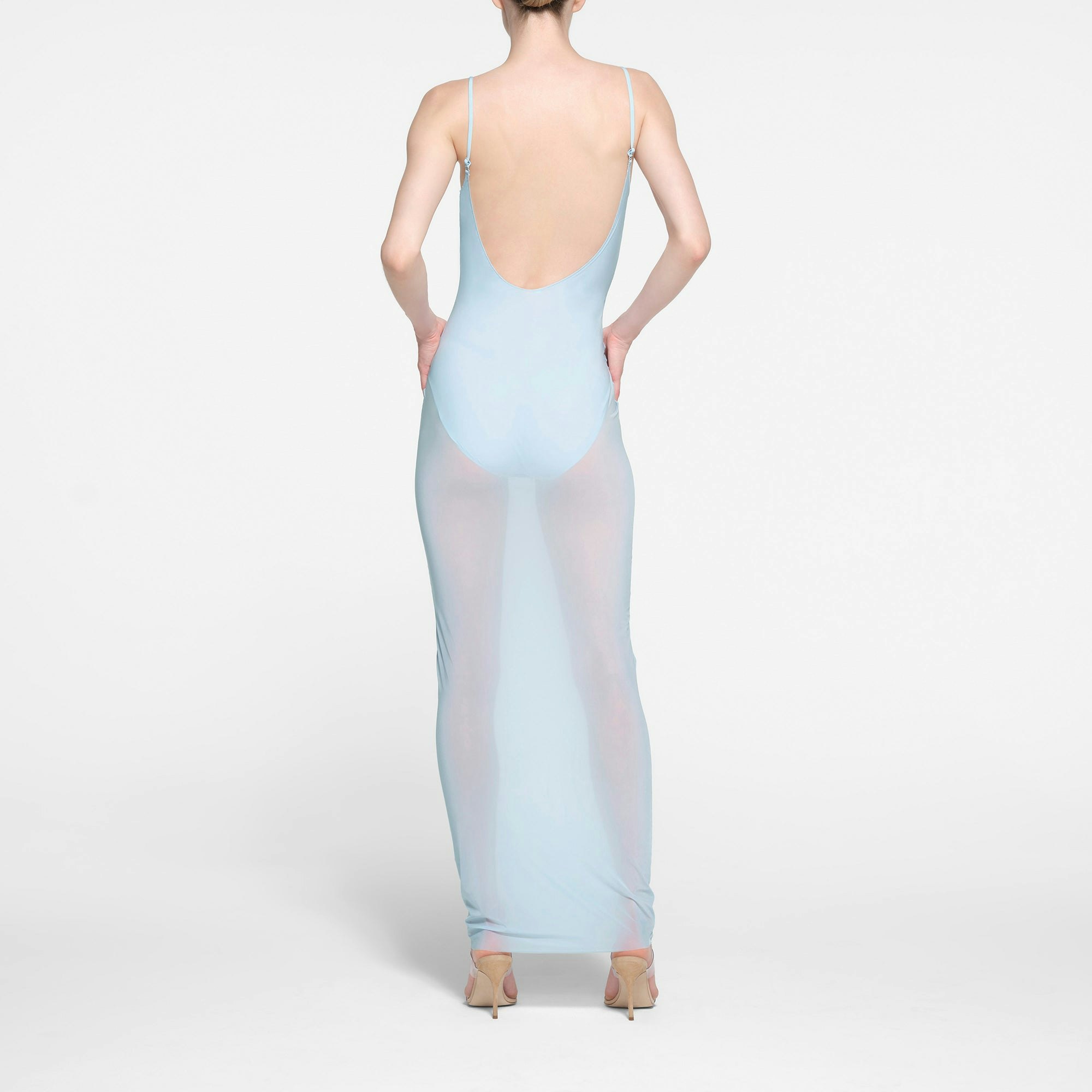 MILKY SHEER LOW BACK SLEEVELESS LONG DRESS | OPAL ON A MODEL BACK VIEW
