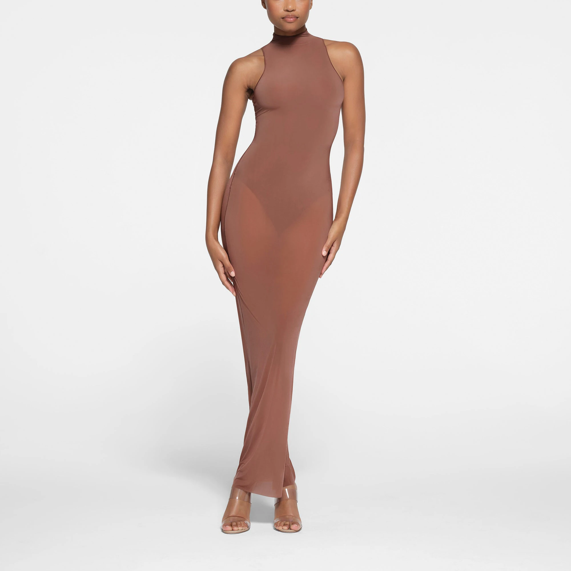 MILKY SHEER MOCK NECK SLEEVELESS LONG DRESS | BRANDY ON A MODEL FRONT VIEW