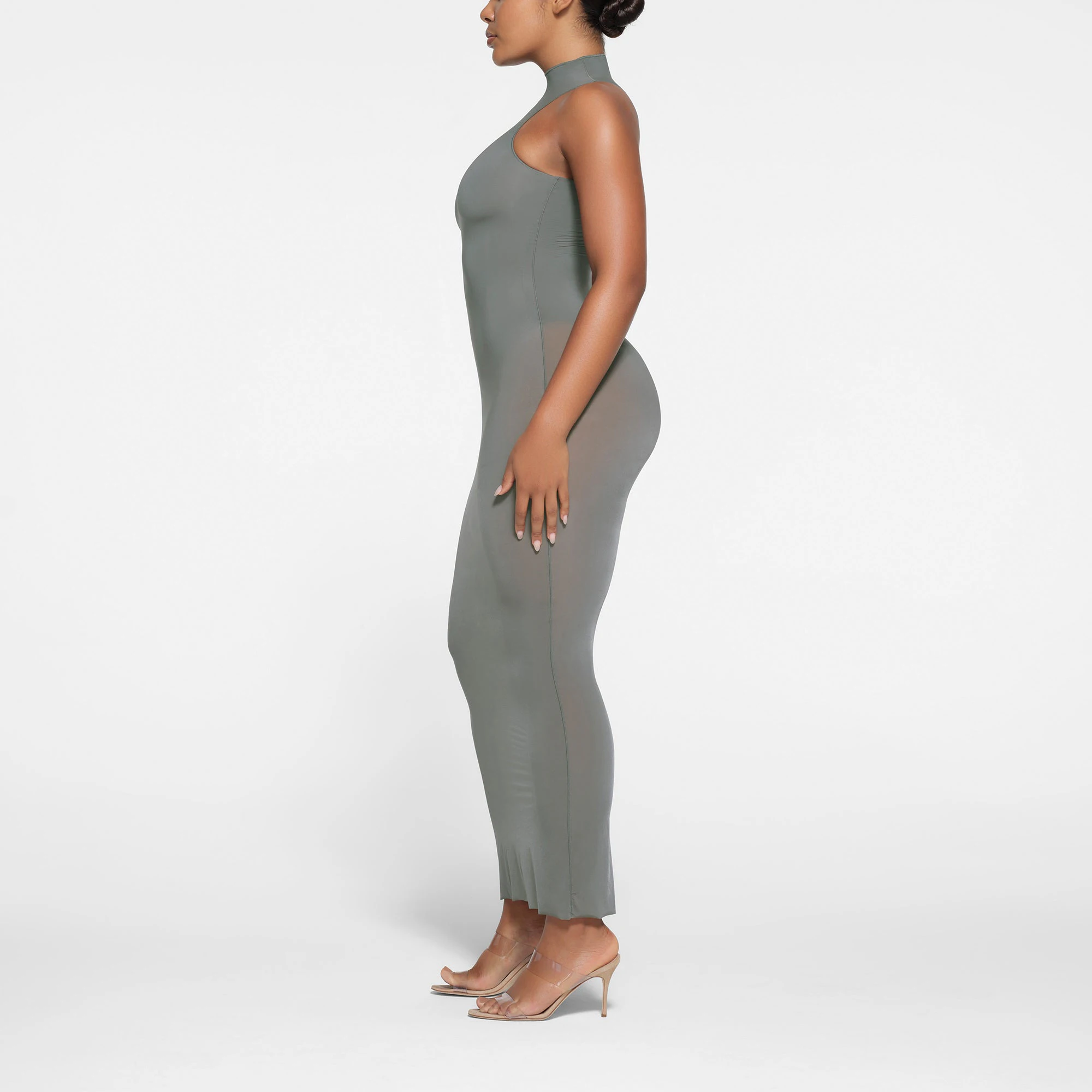 MILKY SHEER MOCK NECK SLEEVELESS LONG DRESS | GUNMETAL ON A MODEL SIDE VIEW