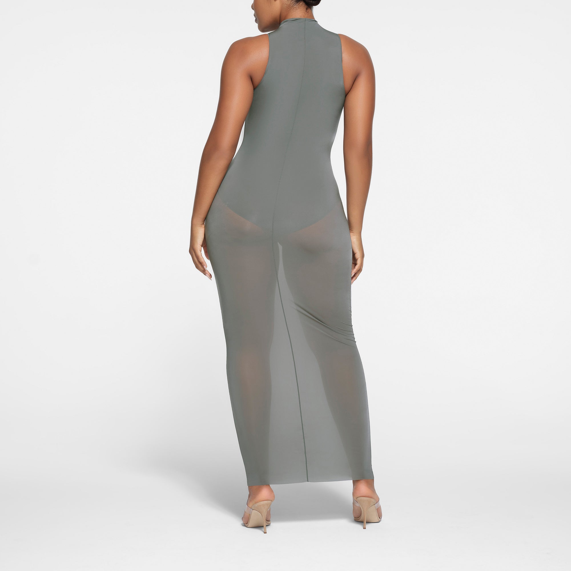 MILKY SHEER MOCK NECK LONG DRESS | GUNMETAL