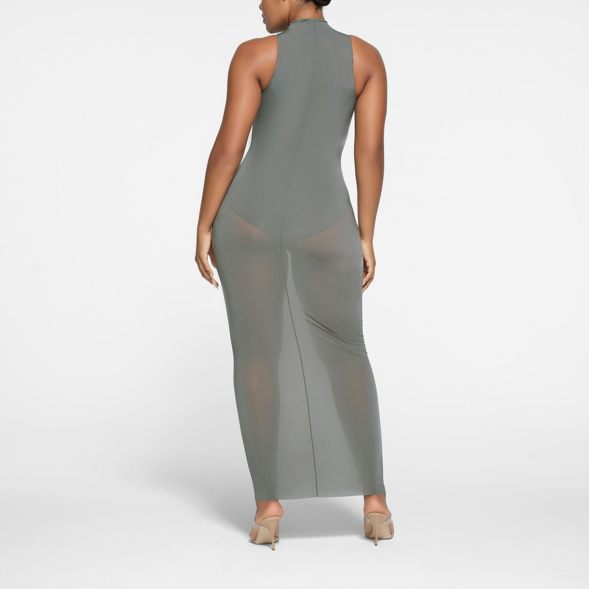 MILKY SHEER MOCK NECK SLEEVELESS LONG DRESS | GUNMETAL ON A MODEL BACK VIEW