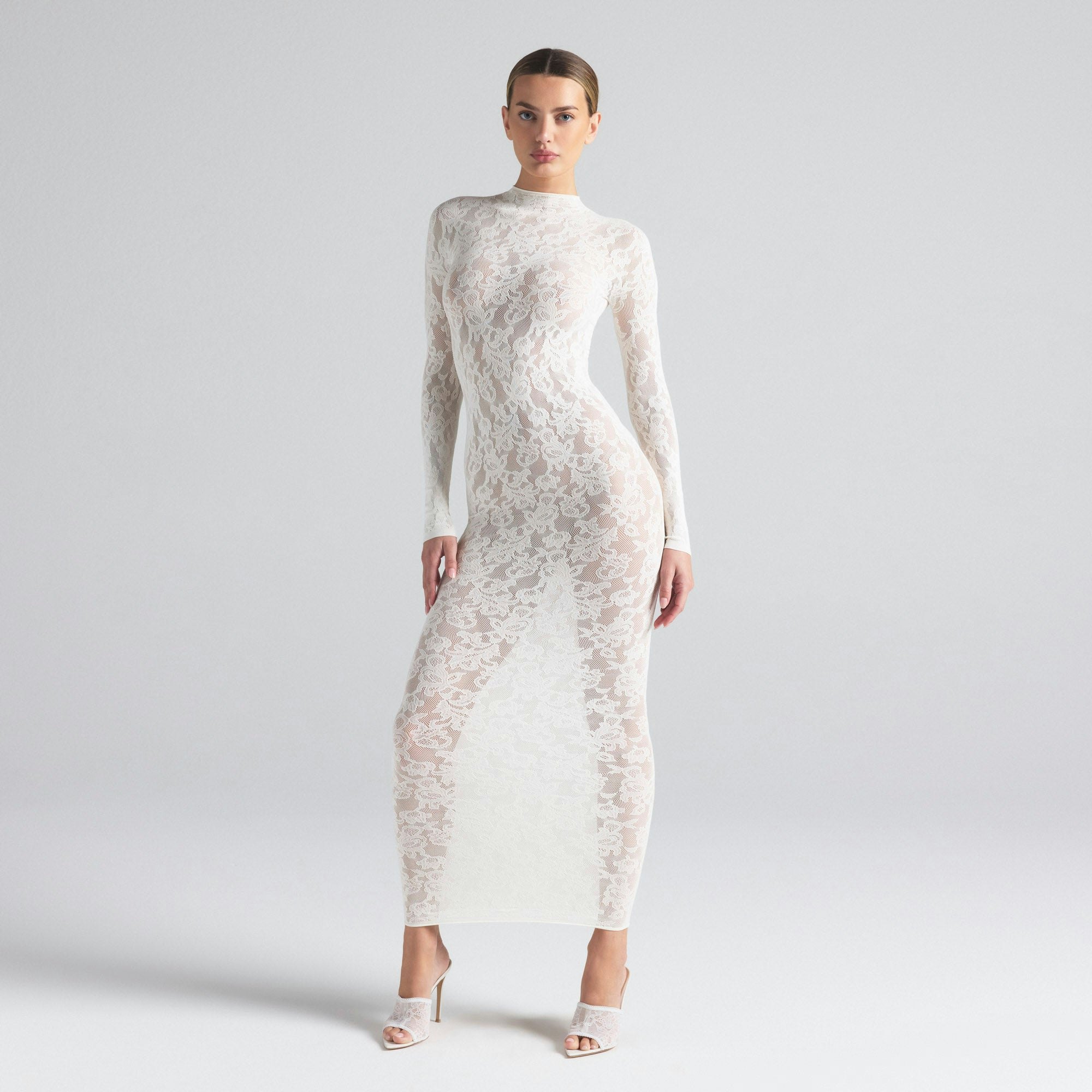 KNIT LACE MOCK NECK DRESS | IVORY ON A MODEL FRONT  ON A MODEL FRONT VIEW | FOCUS: 0.0, 1.0, 0.9