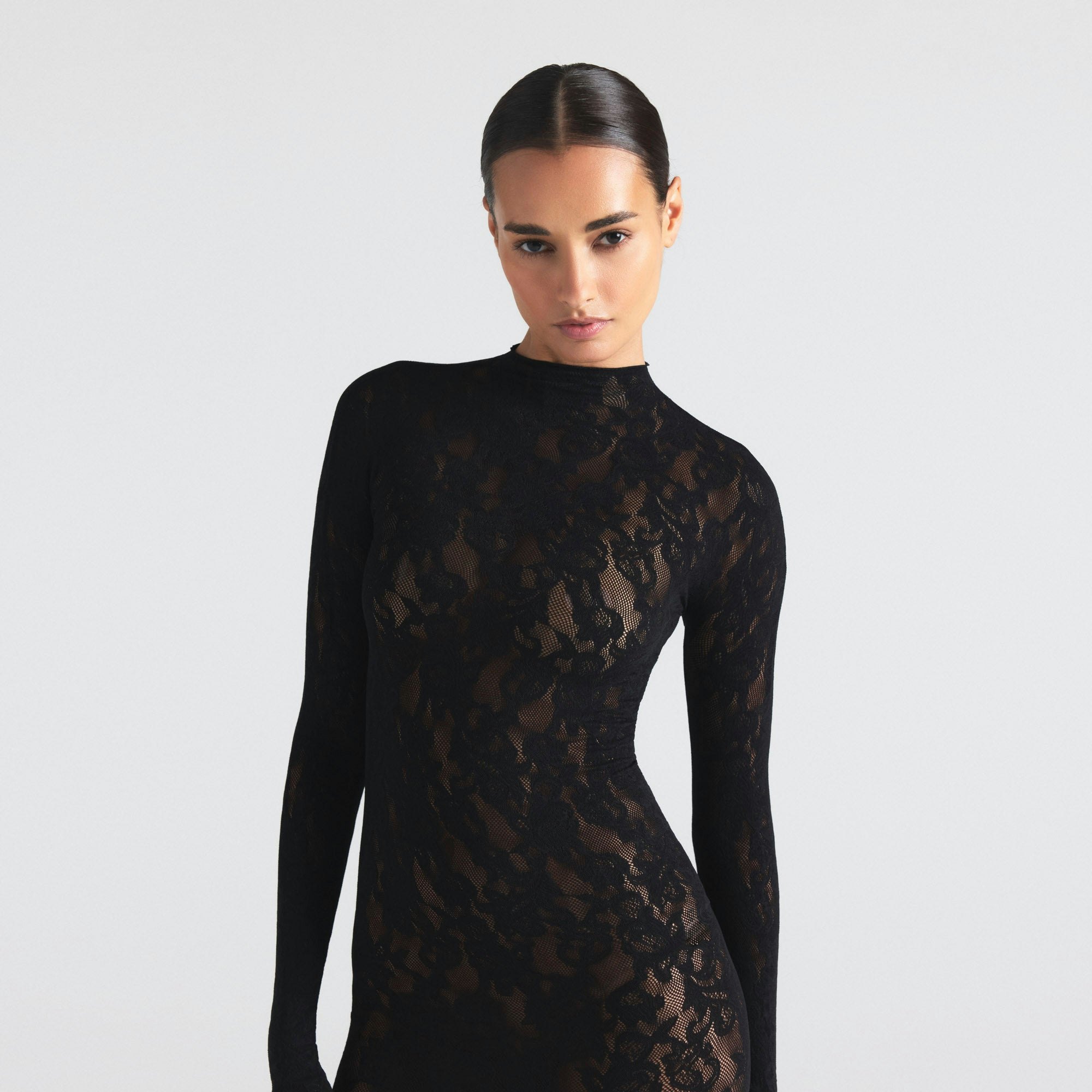 KNIT LACE MOCK NECK DRESS | ONYX ON A MODEL SIDE ON A MODEL FRONT VIEW | FOCUS: 0.0, 1.0, 0.9