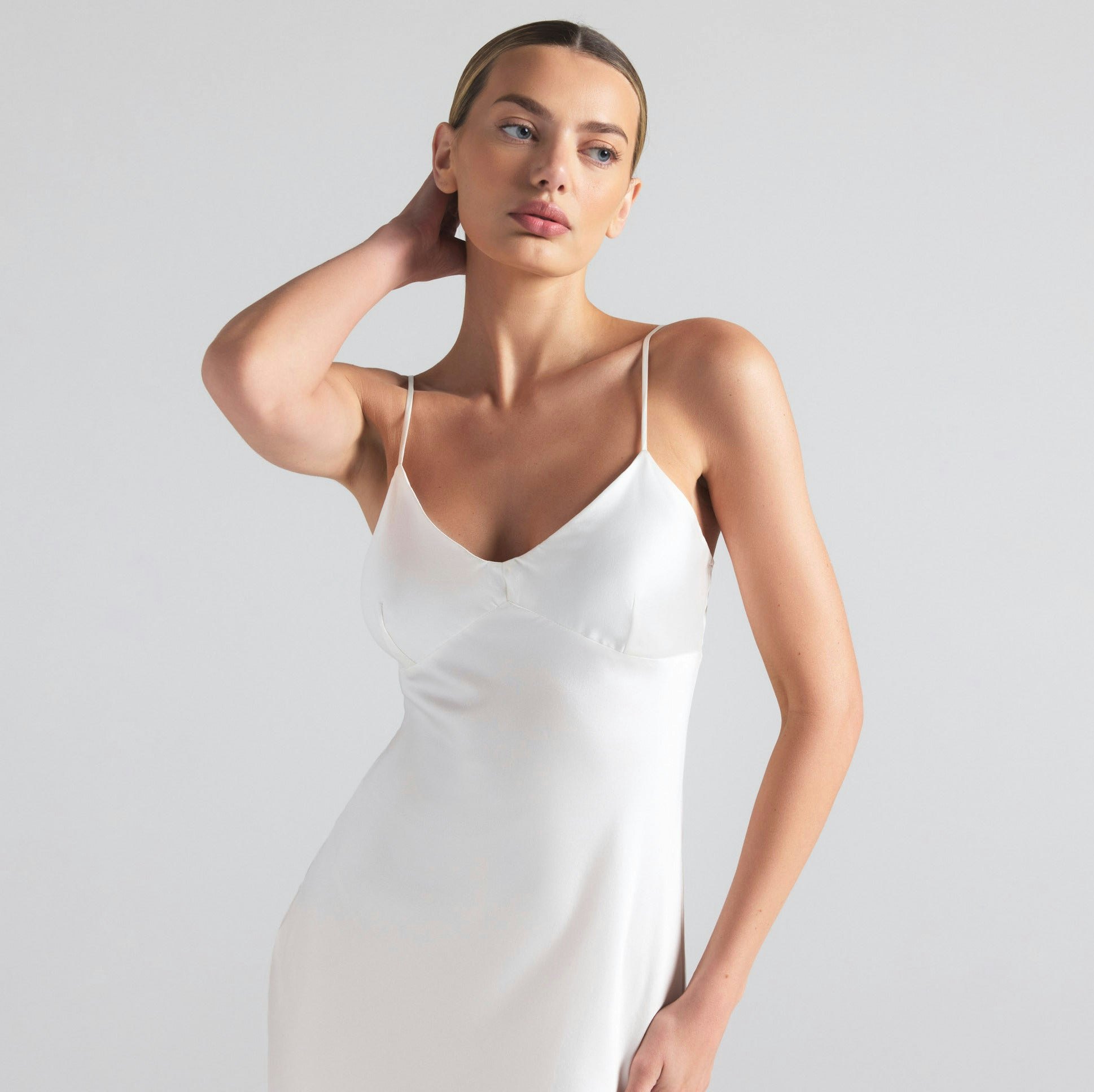 SILK CAMI V NECK LONG SLIP | IVORY ON A MODEL SIDE  ON A MODEL FRONT VIEW | FOCUS: 0.0, 1.0, 0.9