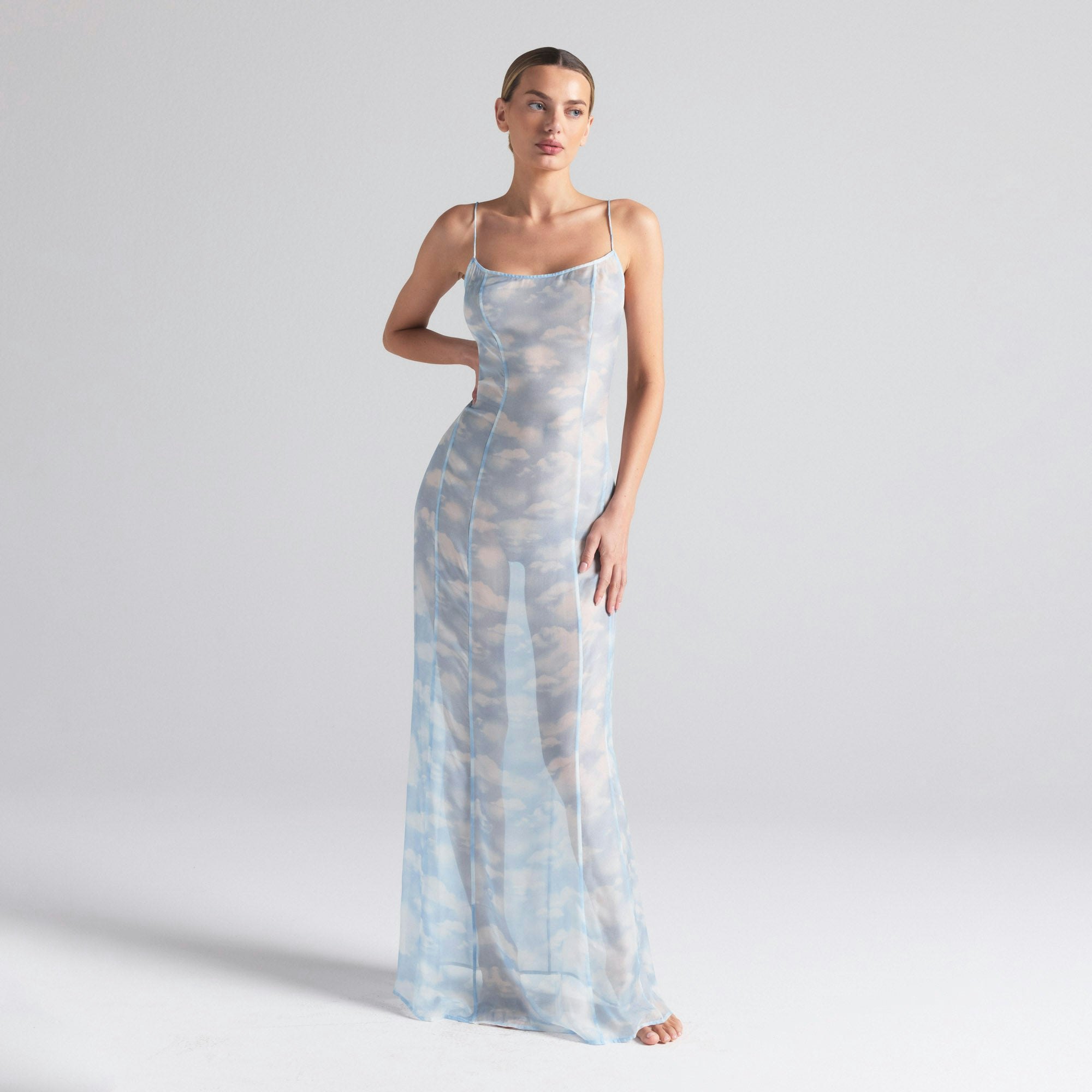SKIMS ROMANCE LONG SLIP DRESS | BLUE QUARTZ CLOUD PRINT ON A MODEL FRONT  ON A MODEL FRONT VIEW | FOCUS: 0.0, 1.0, 0.9