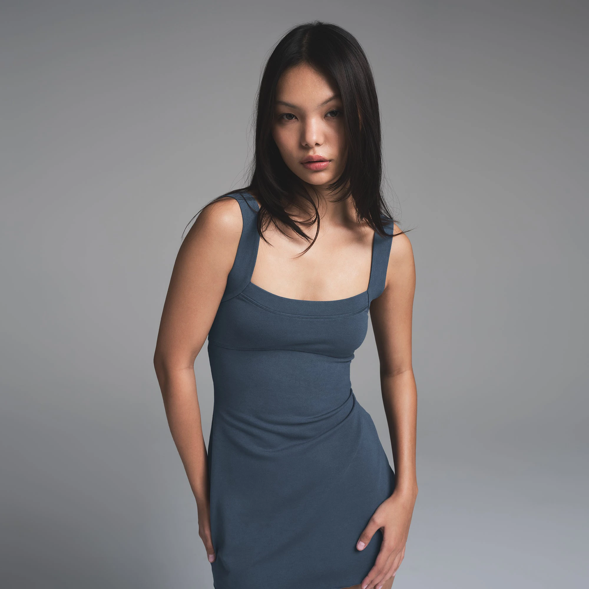 OUTDOOR MINI DRESS | INDIGO ON A MODEL FRONT VIEW | FOCUS: 0.0, 1.0, 0.9