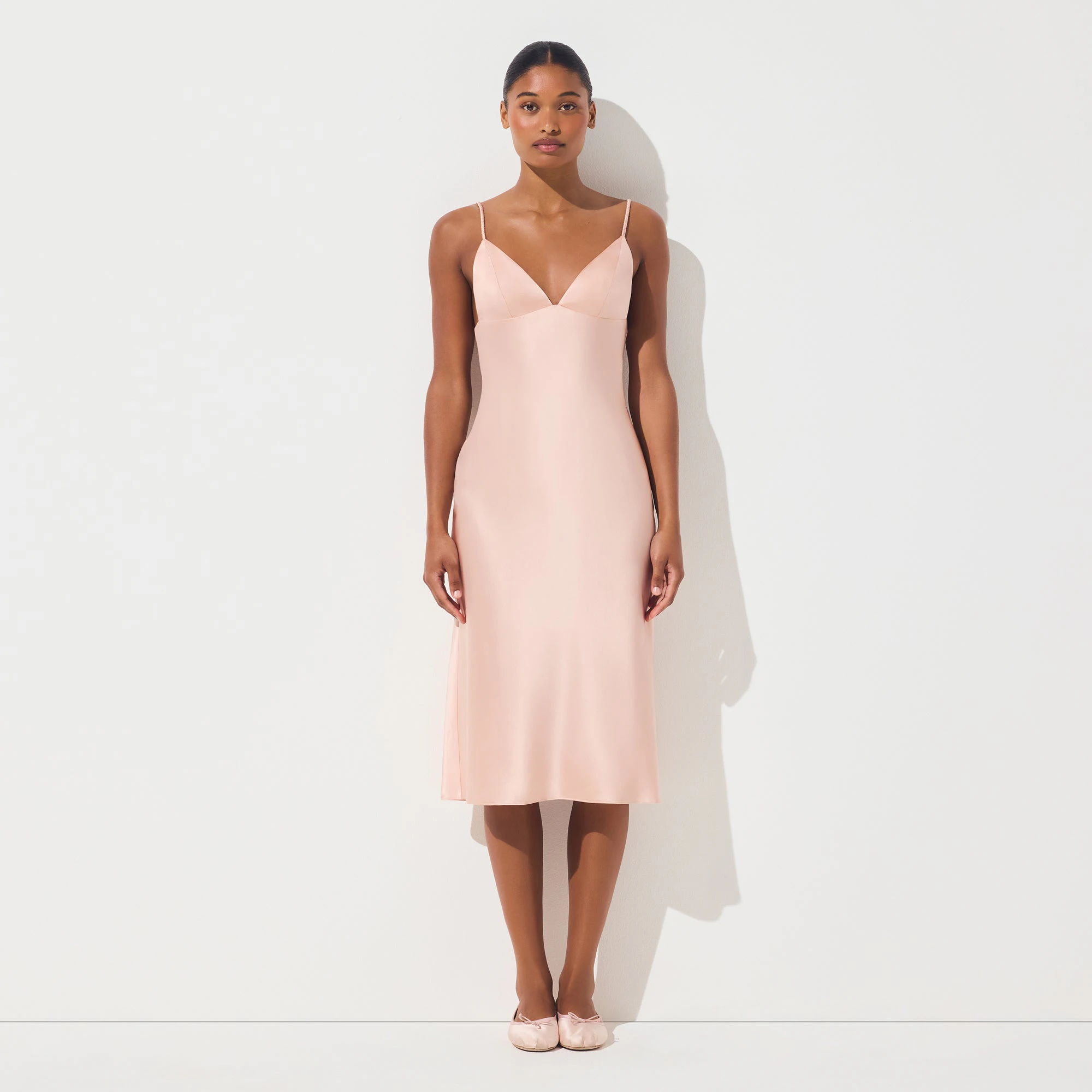 SILK MIDI DRESS | VILLA ON A MODEL FRONT VIEW | FOCUS: 0.0, 1.0, 0.9