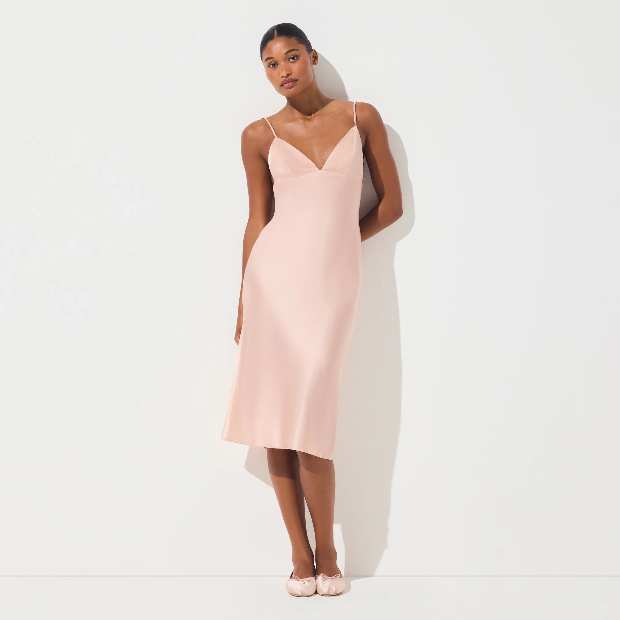 SILK MIDI DRESS | VILLA ON A MODEL FRONT VIEW | FOCUS: 0.0, 1.0, 0.9