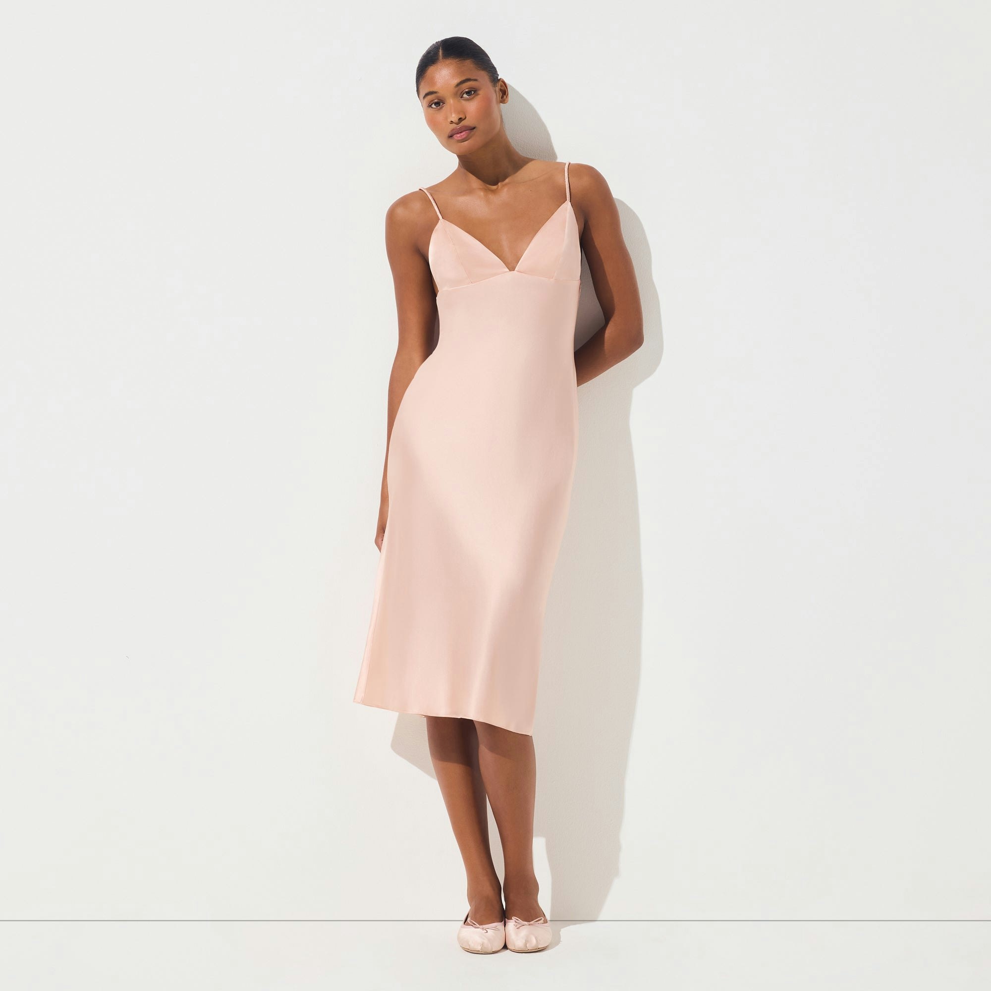 SILK MIDI DRESS | VILLA ON A MODEL FRONT VIEW | FOCUS: 0.0, 1.0, 0.9