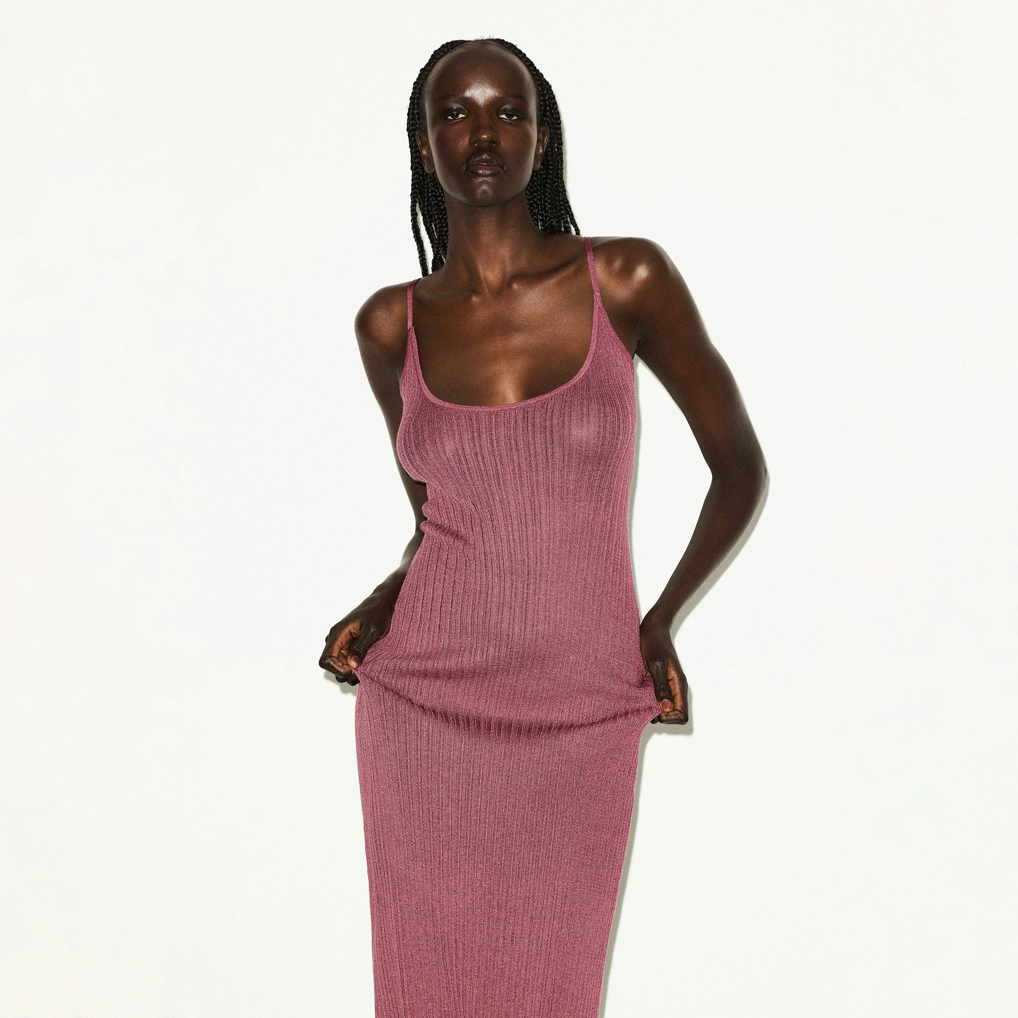 SHEER KNIT LONG CAMI DRESS | BEET ON A MODEL FRONT VIEW @ | FOCUS: 0.0, 1.0, 0.9