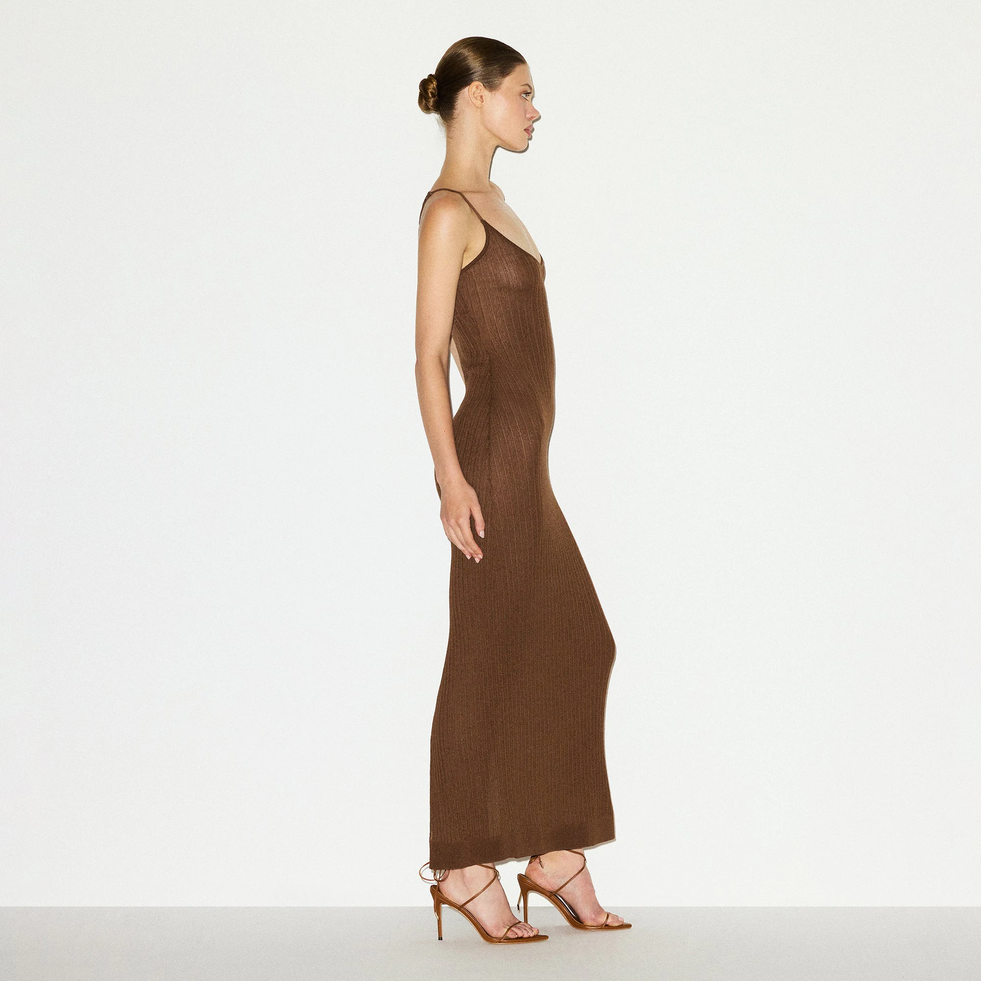 SHEER KNIT LONG CAMI DRESS | BISON ON A MODEL SIDE VIEW @ | FOCUS: 0.0, 1.0, 0.9