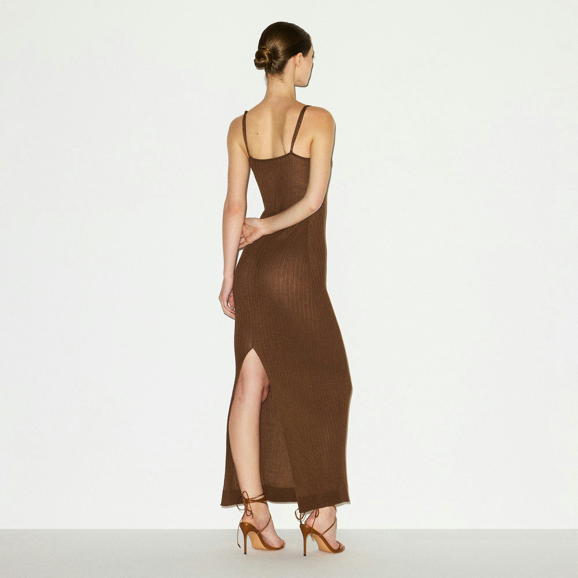 SHEER KNIT LONG CAMI DRESS | BISON ON A MODEL BACK VIEW @ | FOCUS: 0.0, 1.0, 0.9