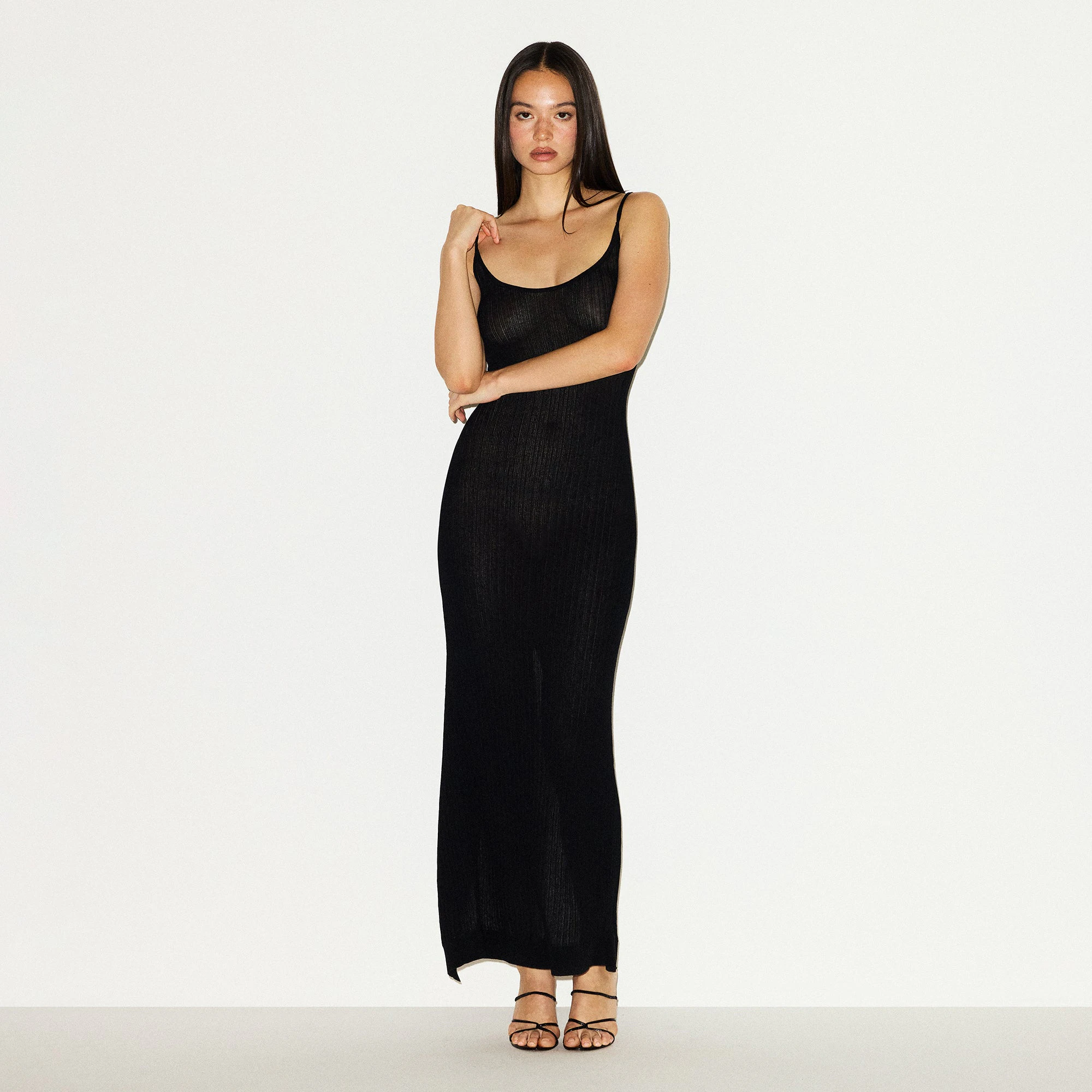 SHEER KNIT LONG CAMI DRESS | ONYX ON A MODEL FRONT VIEW @ | FOCUS: 0.0, 1.0, 0.9